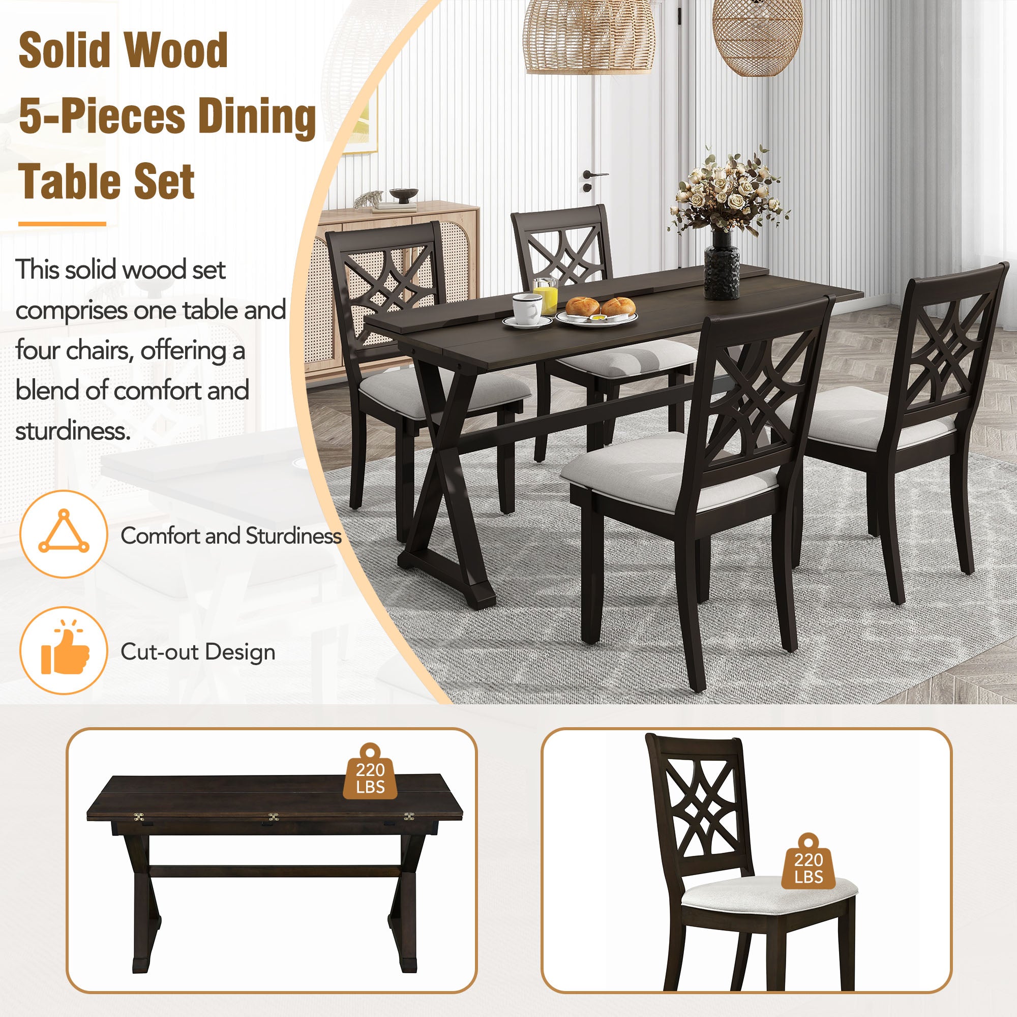 TOPMAX 5-piece set of 62 * 35.2-inch retractable dining table with two 8.8-inch consoles and deep walnut padded dining chairs