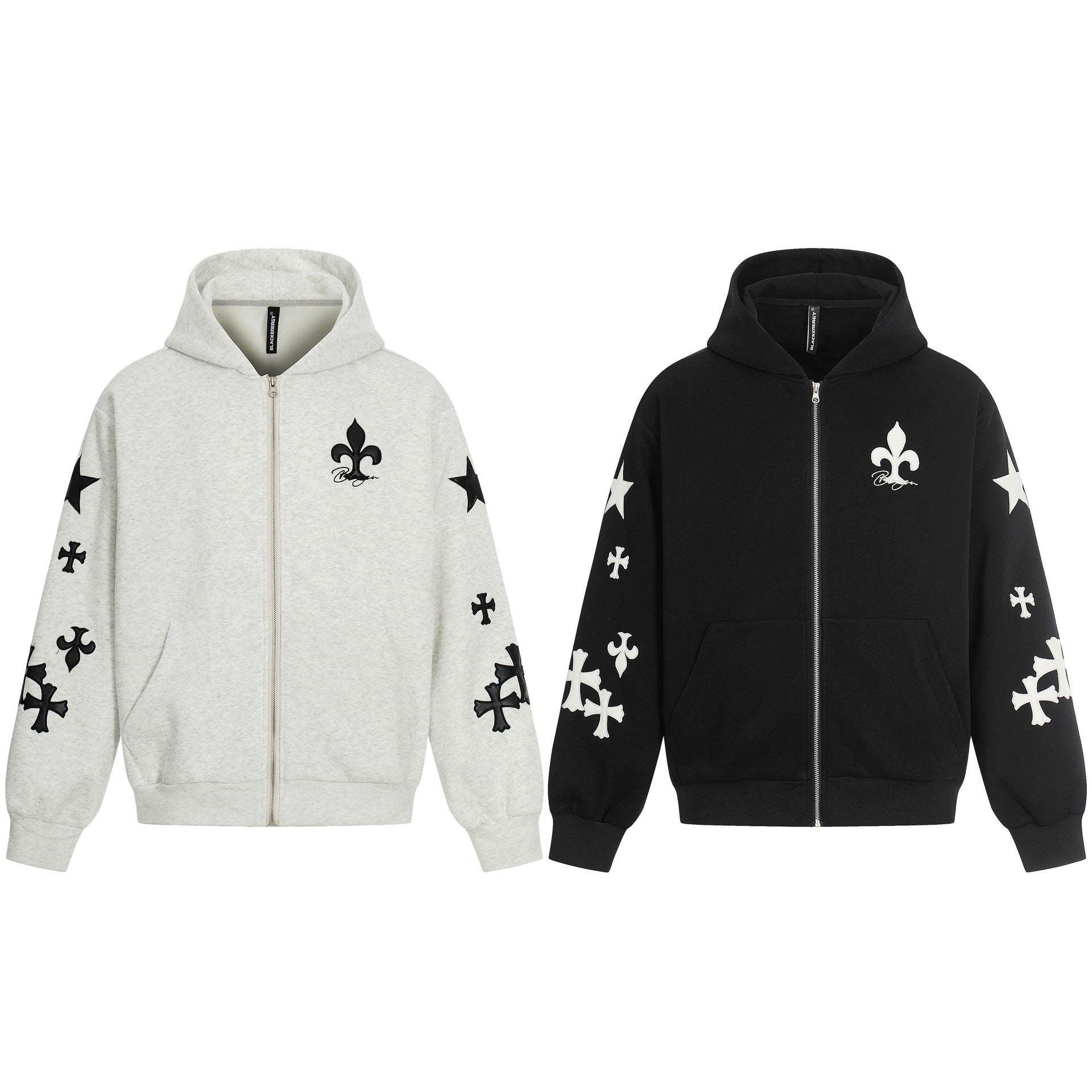 Leather Patch Embroidery Design Zipper Hooded Loose Fit