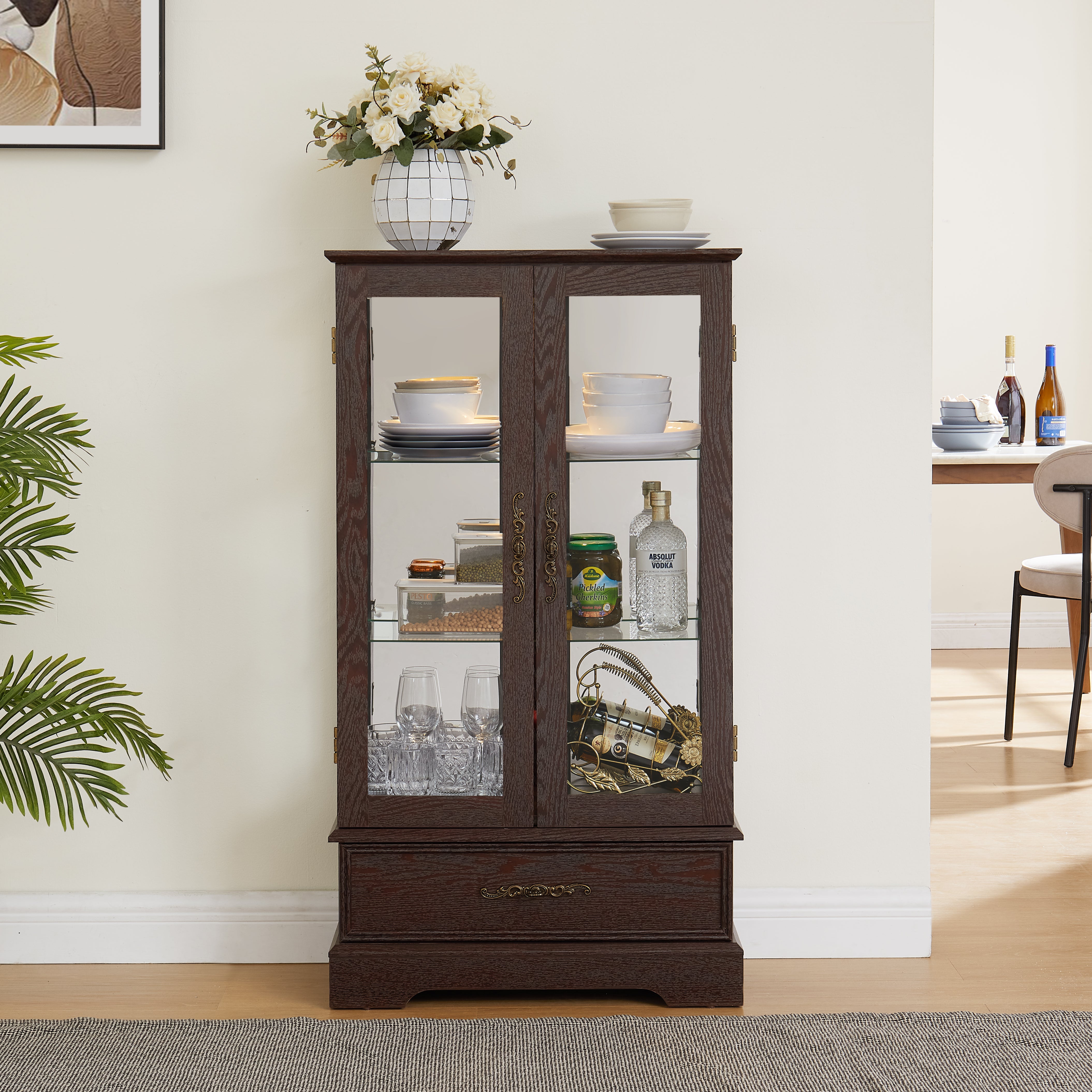 Light colored glass cabinet with adjustable glass frame Curio display cabinet, 2 doors and 1 drawer light bulb cherry color