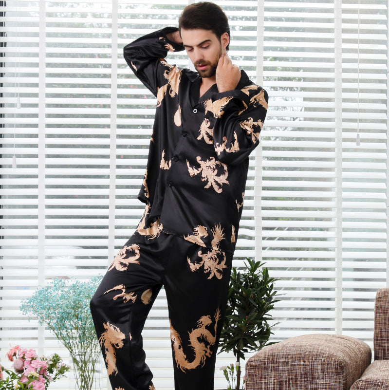 Simulated silk couple sleepwear new long sleeved set men's and women's V-neck silk printed dragon and phoenix home clothes