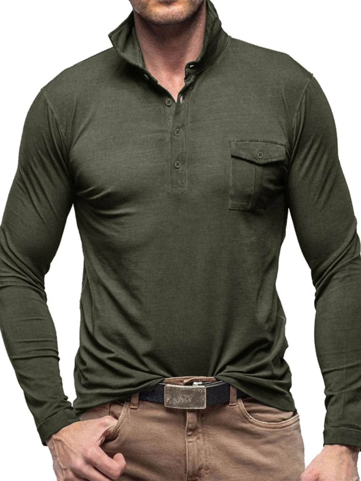Basic style collared neck long sleeve polo, Army Green