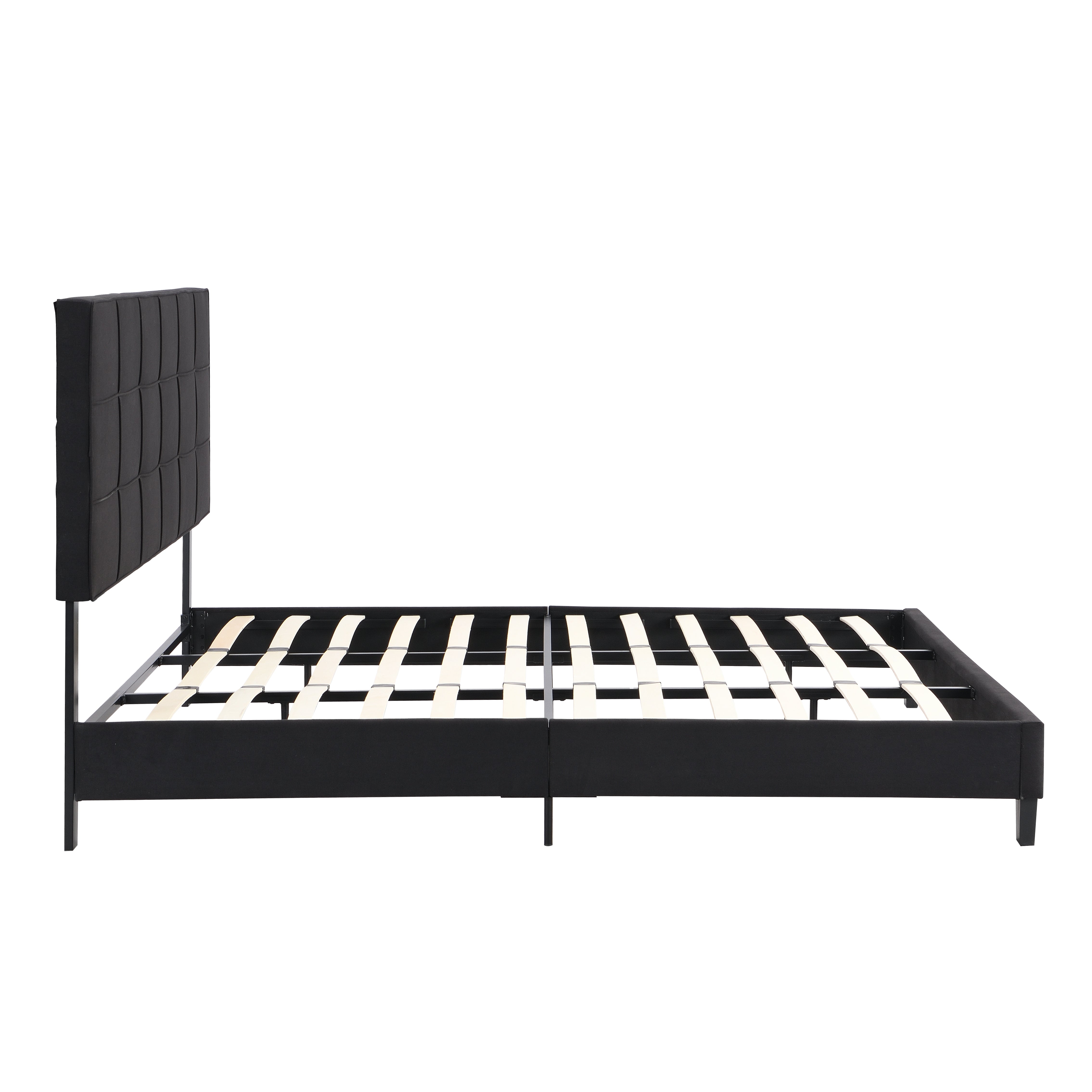 King Size Upholstered Platform Bed Frame with Linen Fabric Headboard BLACK