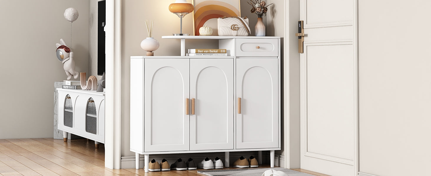 ON-TRANS Elegant Shoe Cabinet with Arched Doors and Drawers, Storage Side Panels, Adjustable Shelves and Solid Wood Legs, White