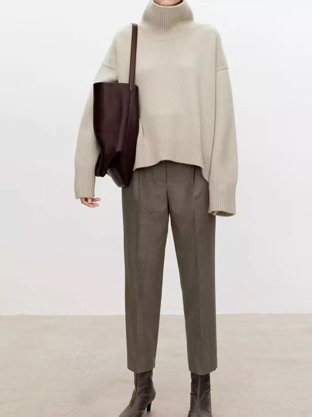 Oversized Turtleneck Wool Sweater, Beige Apricot