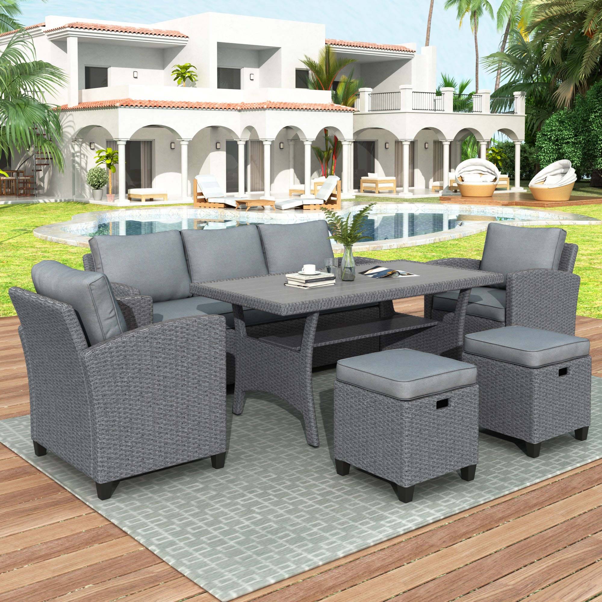 TOPMAX 6-piece outdoor rattan wicker set chair, stool, and table (gray rattan+gray mat)