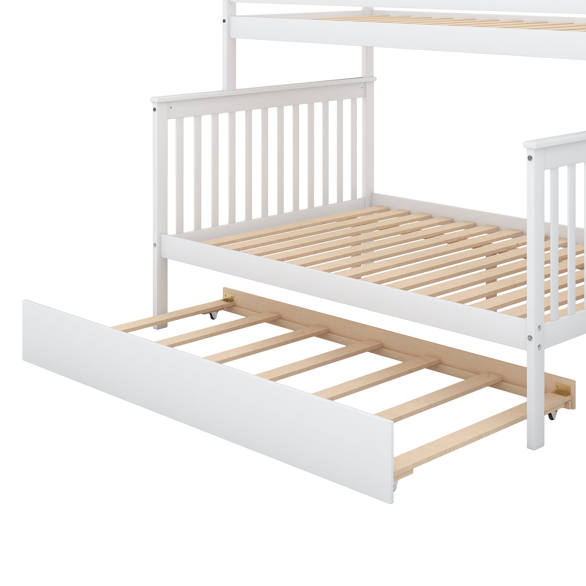 Twin over Full Bunk Bed with Trundle and Staircase White