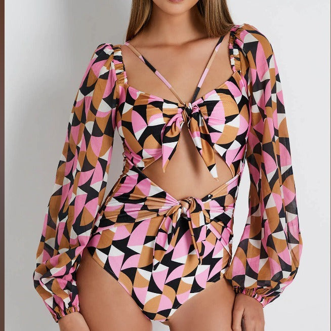 Breathable mesh long sleeved jumpsuit bikini printed deep V high waisted swimsuit