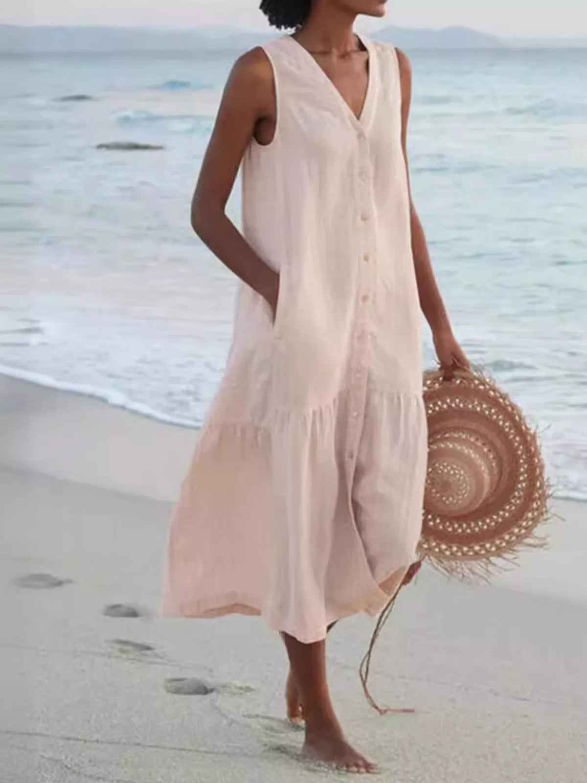 V-neck button front sleeveless midi dress, Creamy-white