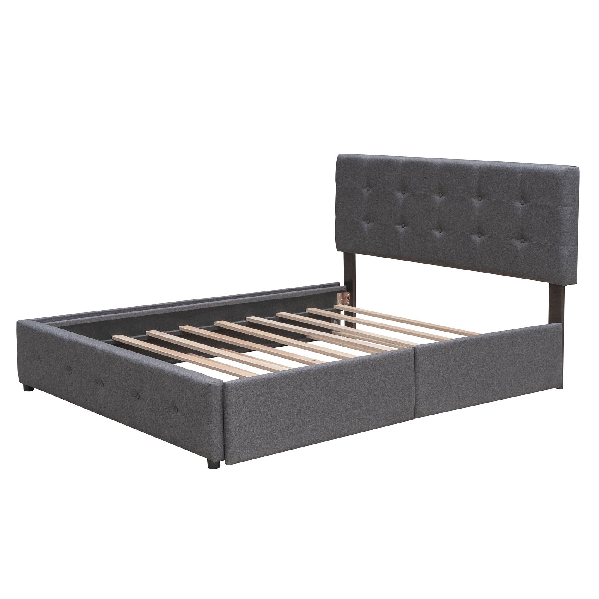 Upholstered Platform Bed with 2 Drawers and 1 Twin XL Trundle Linen Fabric Queen Size - Dark Gray