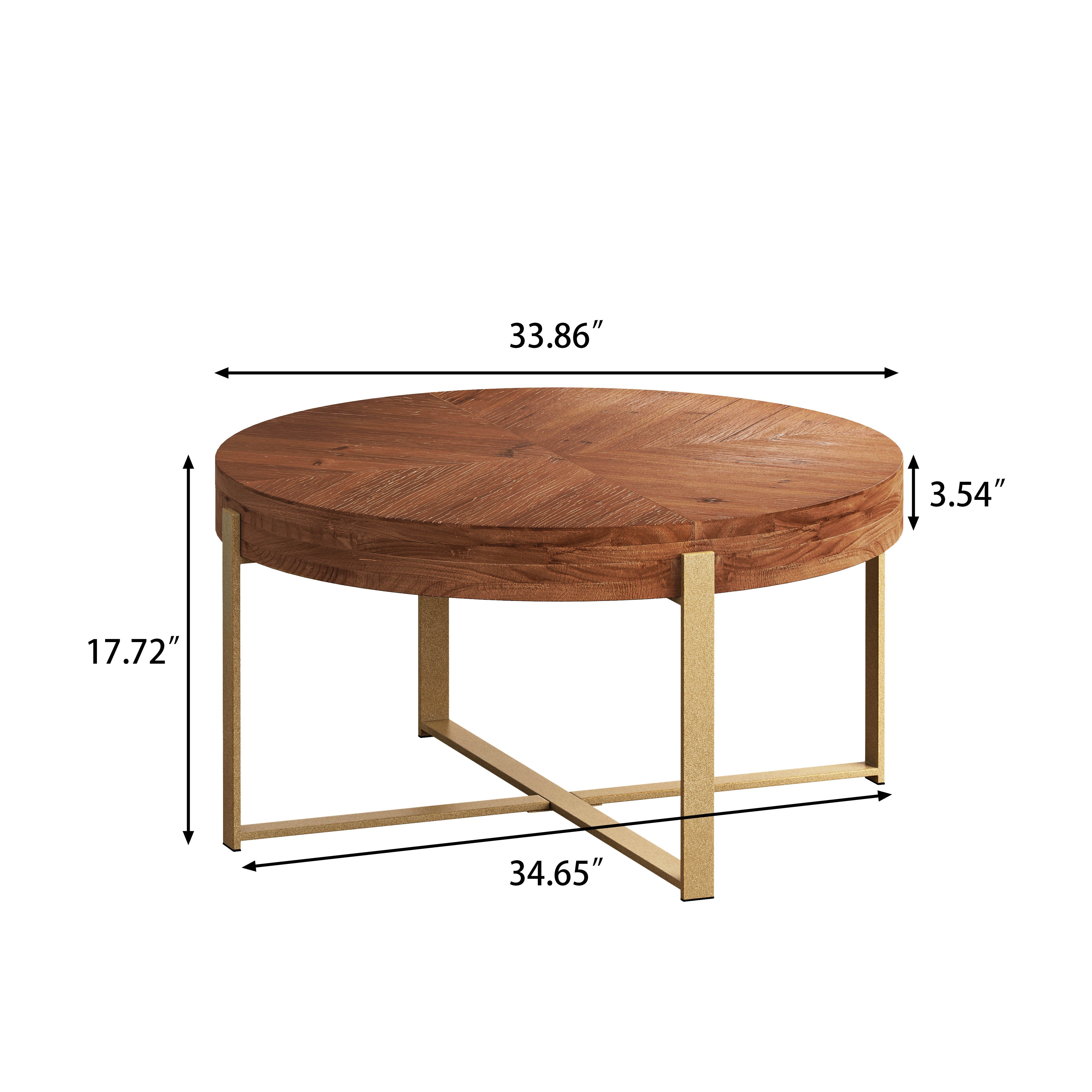 33.86"Modern Retro Splicing Round Coffee Table Fir Wood Table Top with Gold Cross Legs Base(Same SKU:W757126236)