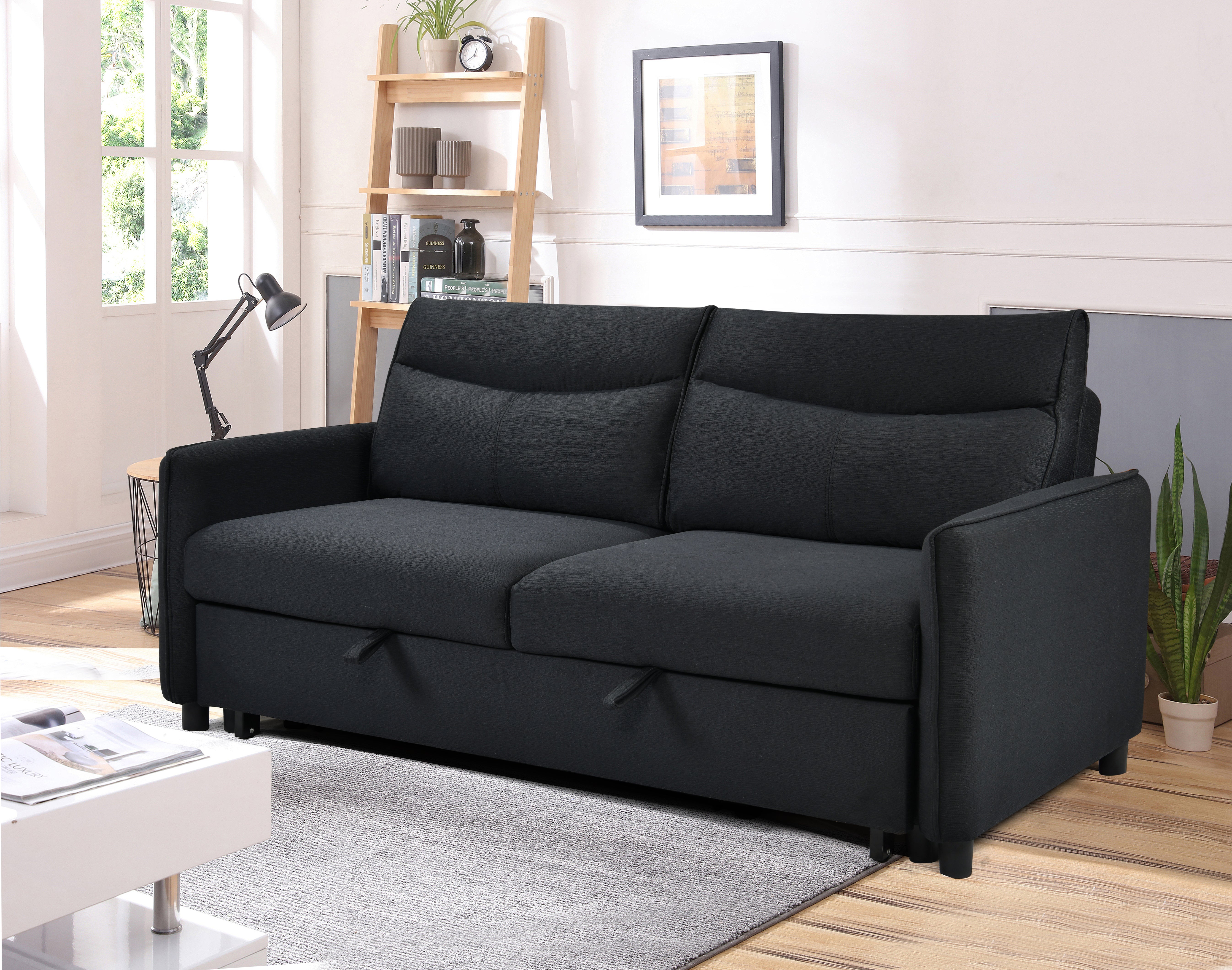 3 in 1 Convertible Sleeper Sofa Bed Modern Fabric Loveseat Futon Sofa Couch w/Pullout Bed Black