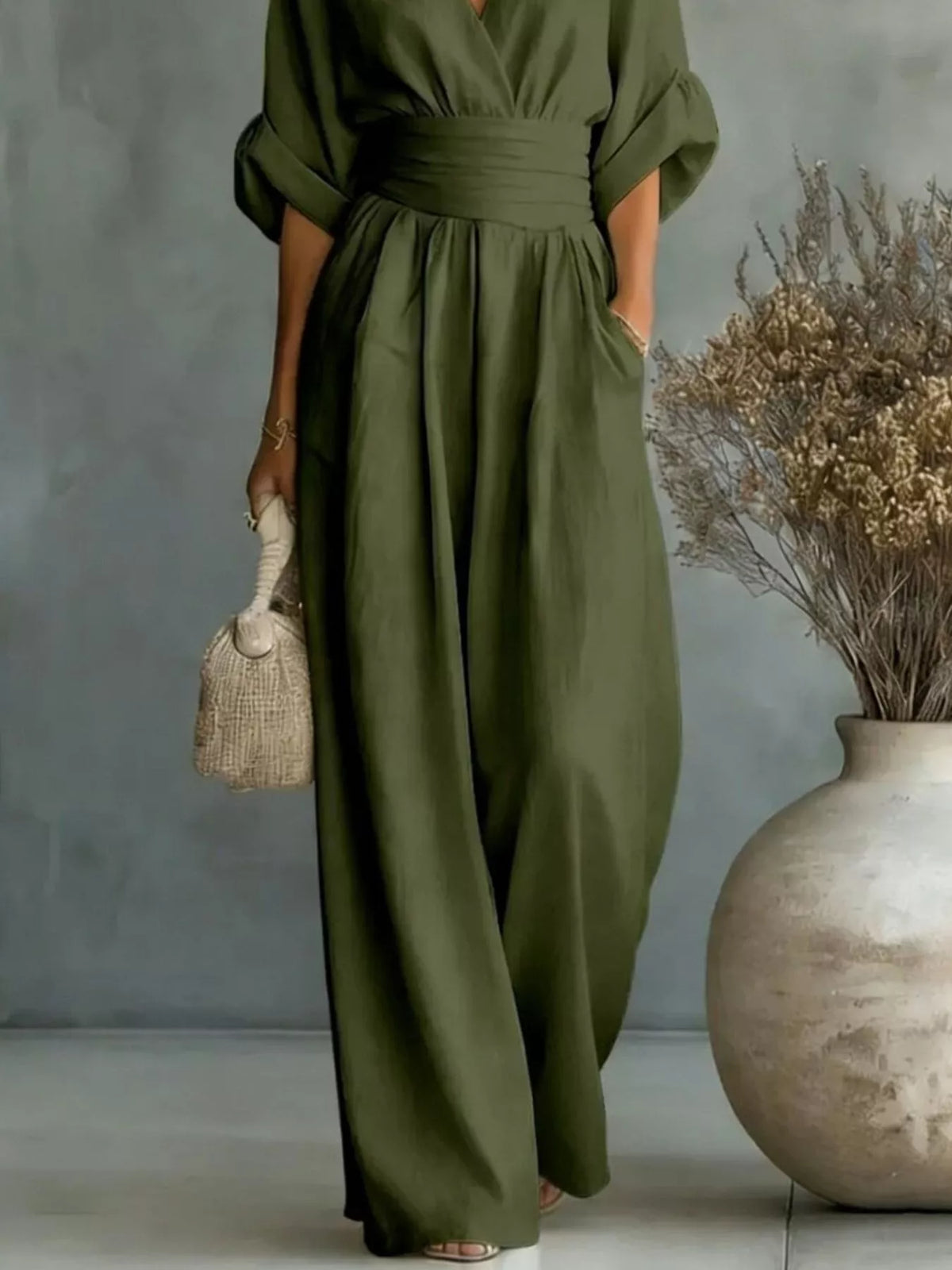 Half-sleeve wide-leg jumpsuit