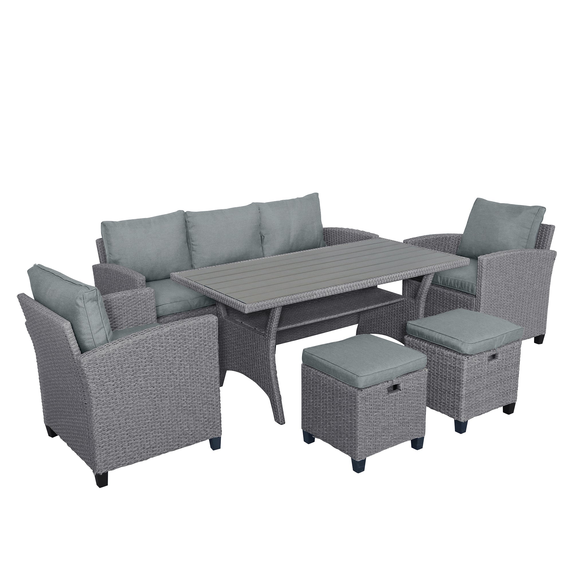 TOPMAX 6-piece outdoor rattan wicker set chair, stool, and table (gray rattan+gray mat)