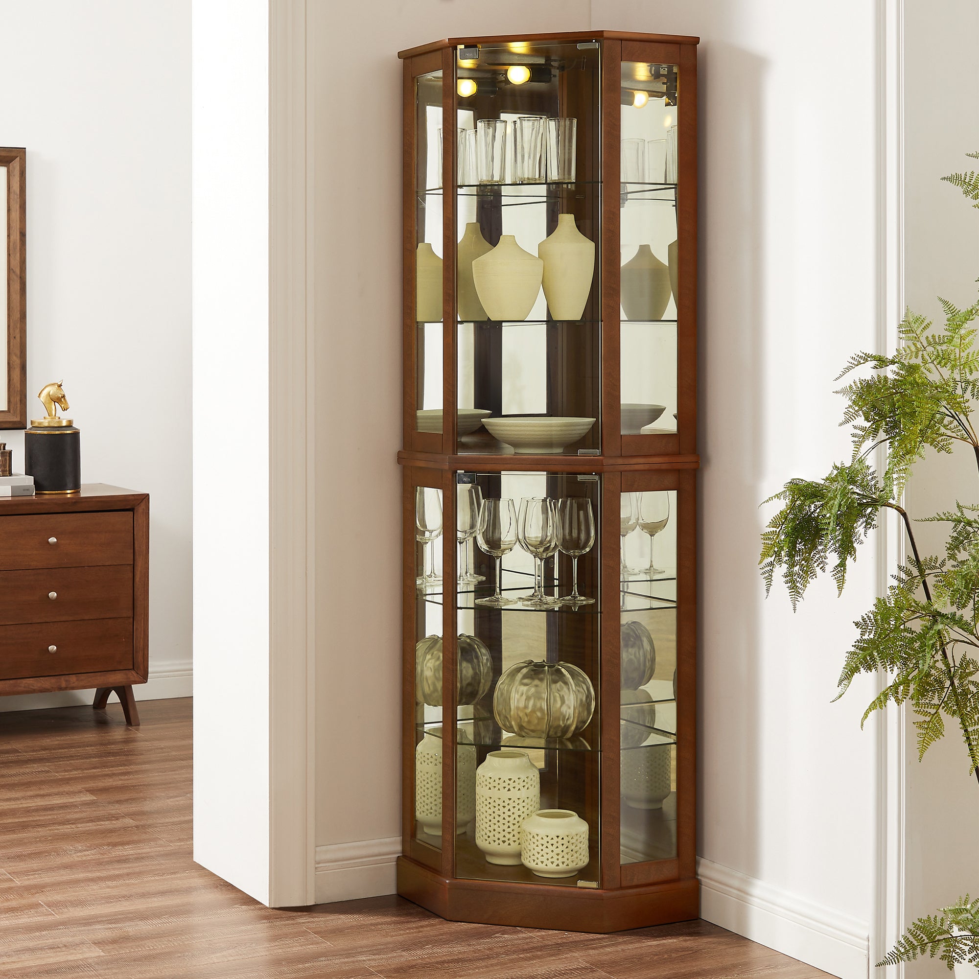 6 shelves corner Curio display cabinet with light mirror and adjustable shelves, walnut wood (excluding E26 light bulbs)