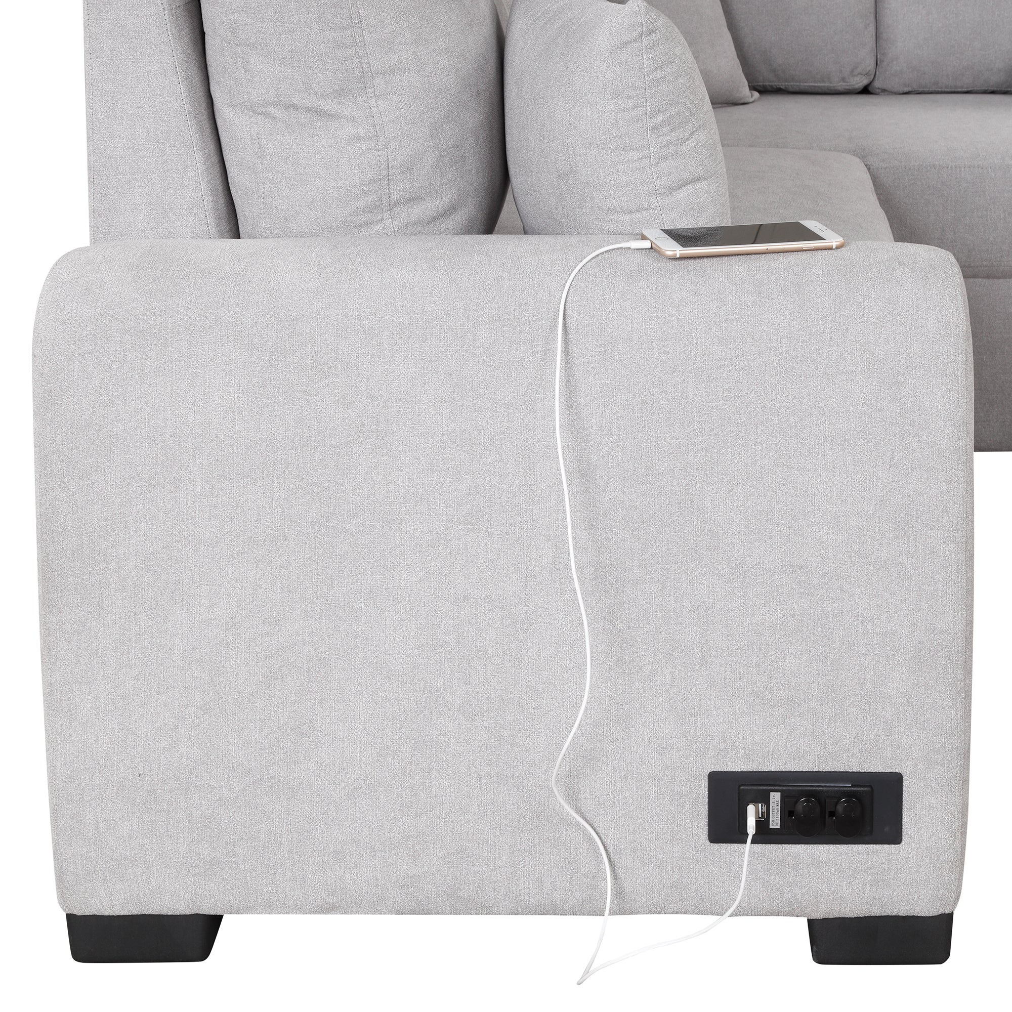 87.4"Sectional Sleeper Sofa with USB Charging Port and Plug Outlet Pull-Out Sofa Bed with 3 Pillows Grey