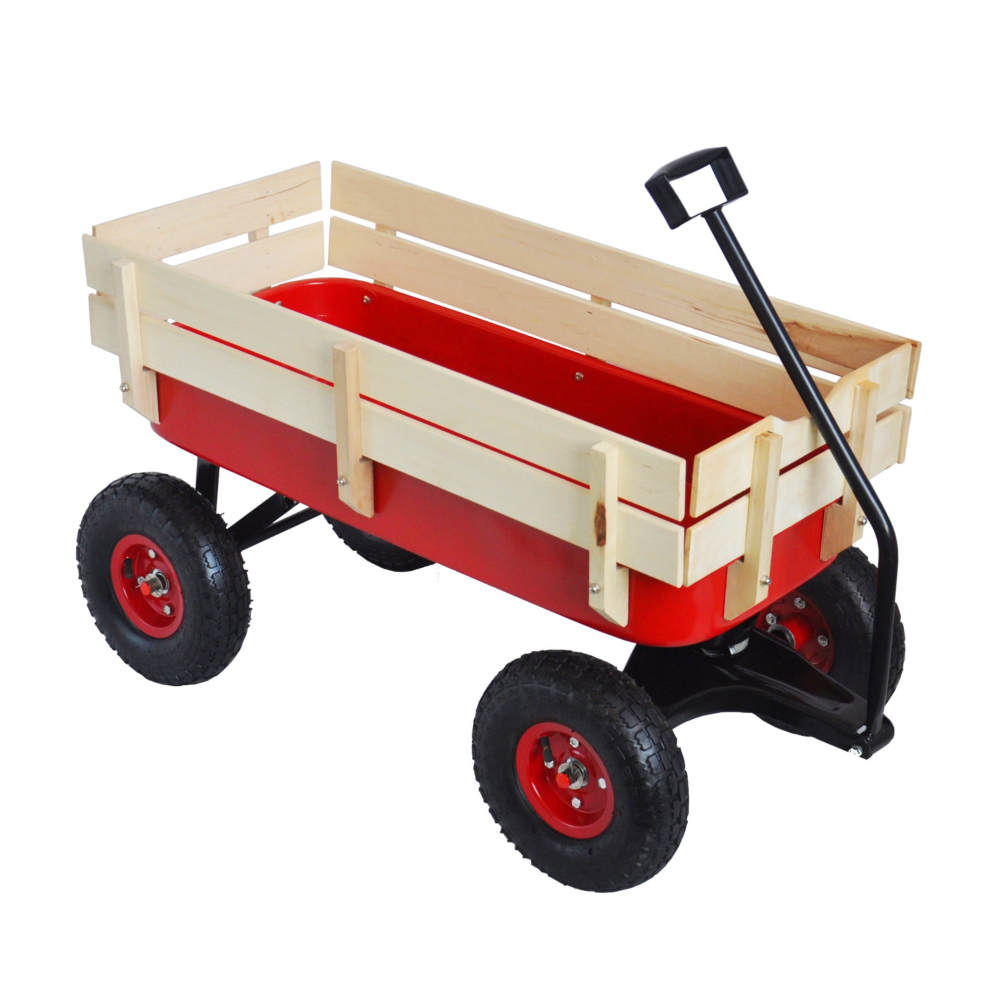 Outdoor Wagon All Terrain Pulling w/Wood Railing Air Tires Children Kid Garden（Red）