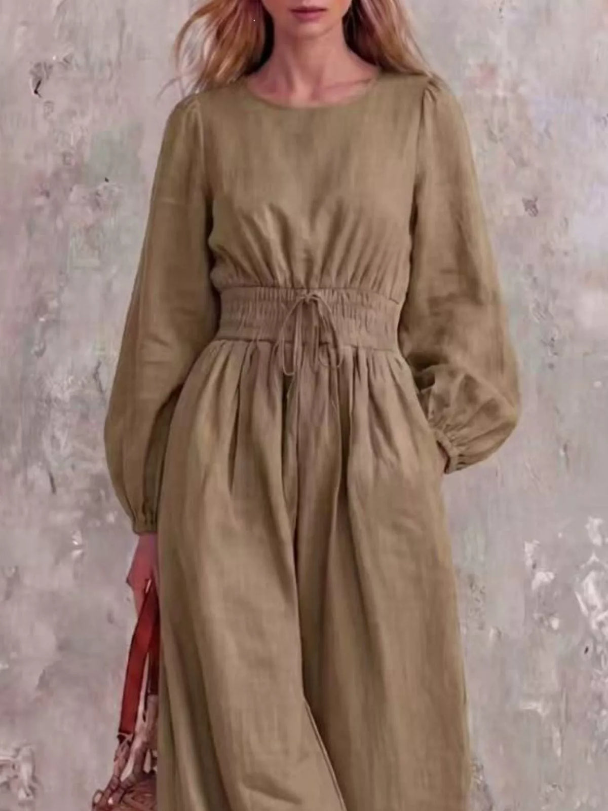 Smocked-waist long-sleeve jumpsuit