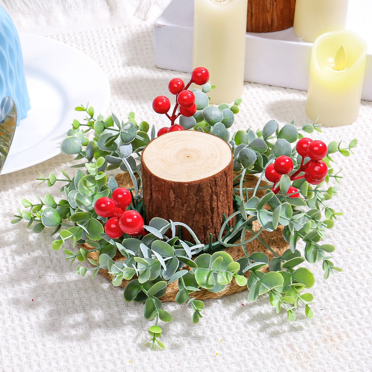 Christmas red fruit plastic decoration candle ring flower desktop aromatherapy candle holder base flower wreath ornament