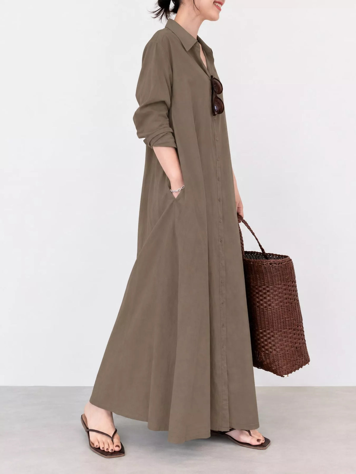 Button front long sleeve maxi shirt dress