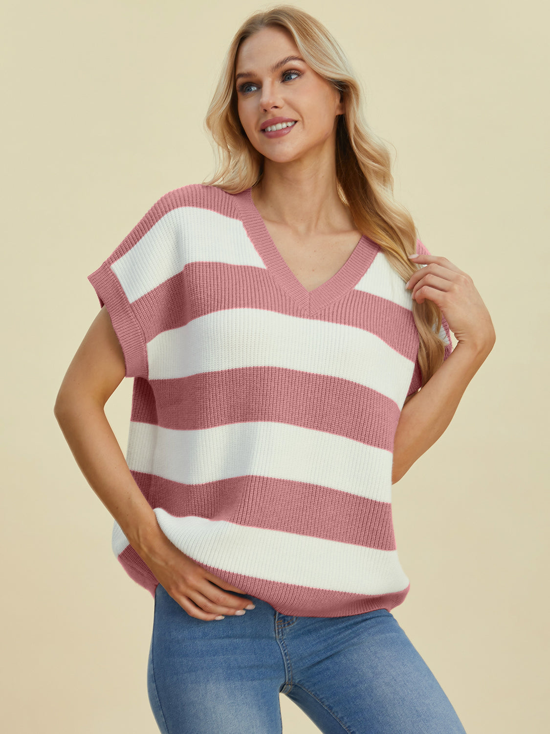 Striped V-neck short sleeve sweater