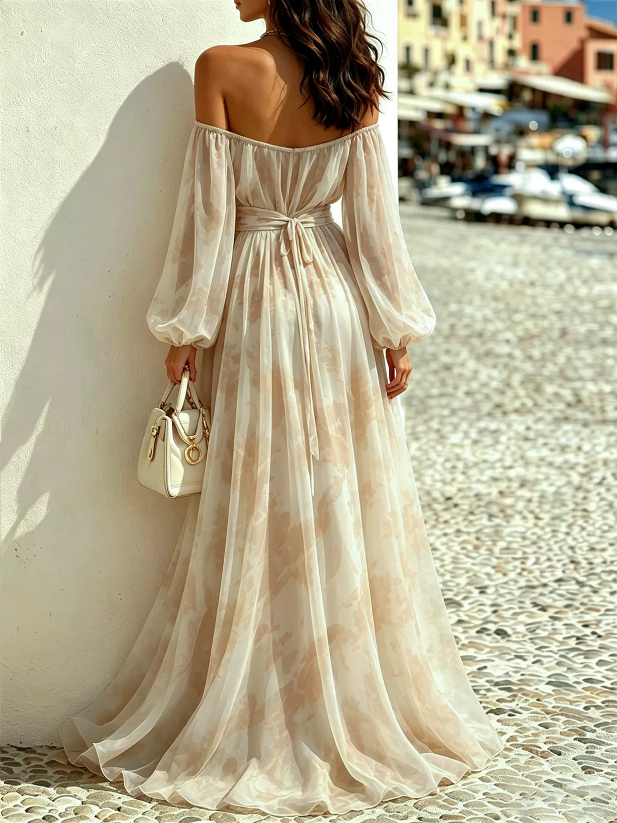 Off-shoulder balloon-sleeve maxi dress