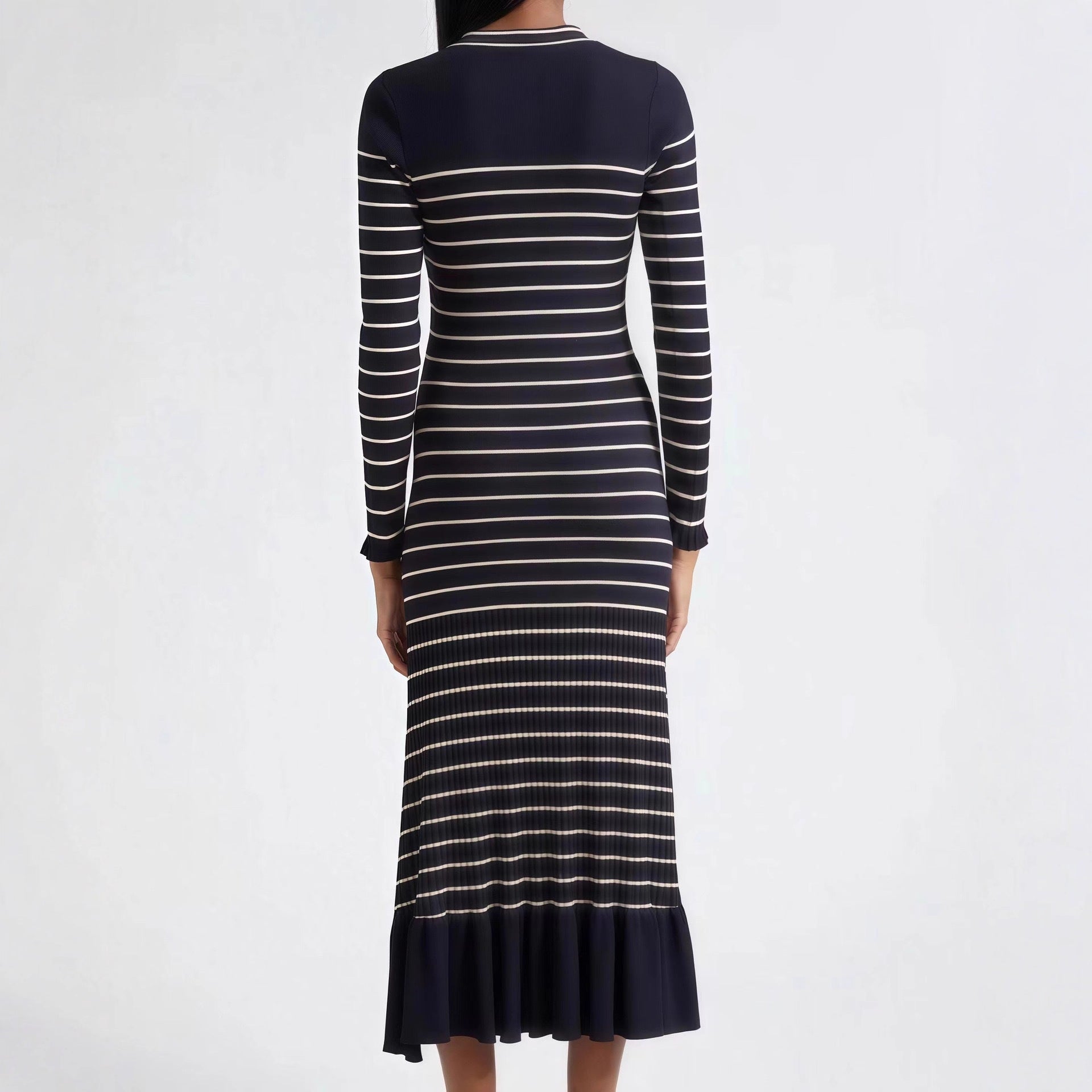 Elegant Fitted Knitted Tweed Stripe Long Sleeve Ruffle Dress with Single Breasted Design Autumn/Winter Lady's Dress