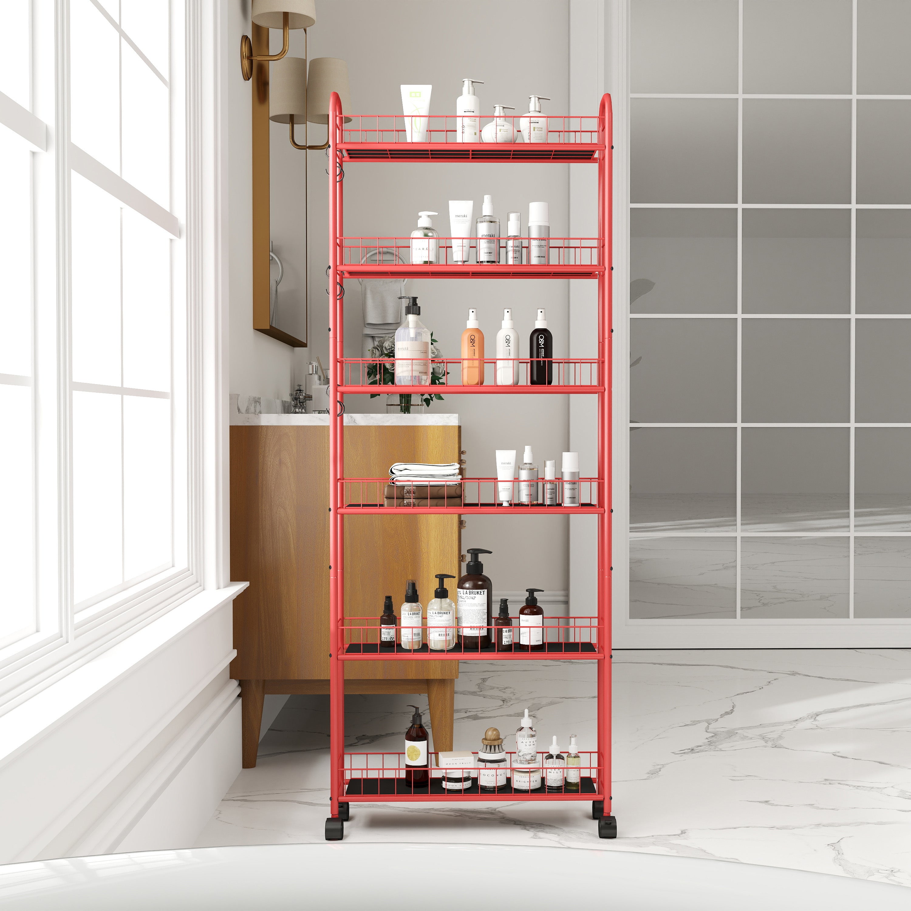 Red 6-story rolling cart gap kitchen ultra-thin sliding out storage tower shelf with wheels, 6 baskets