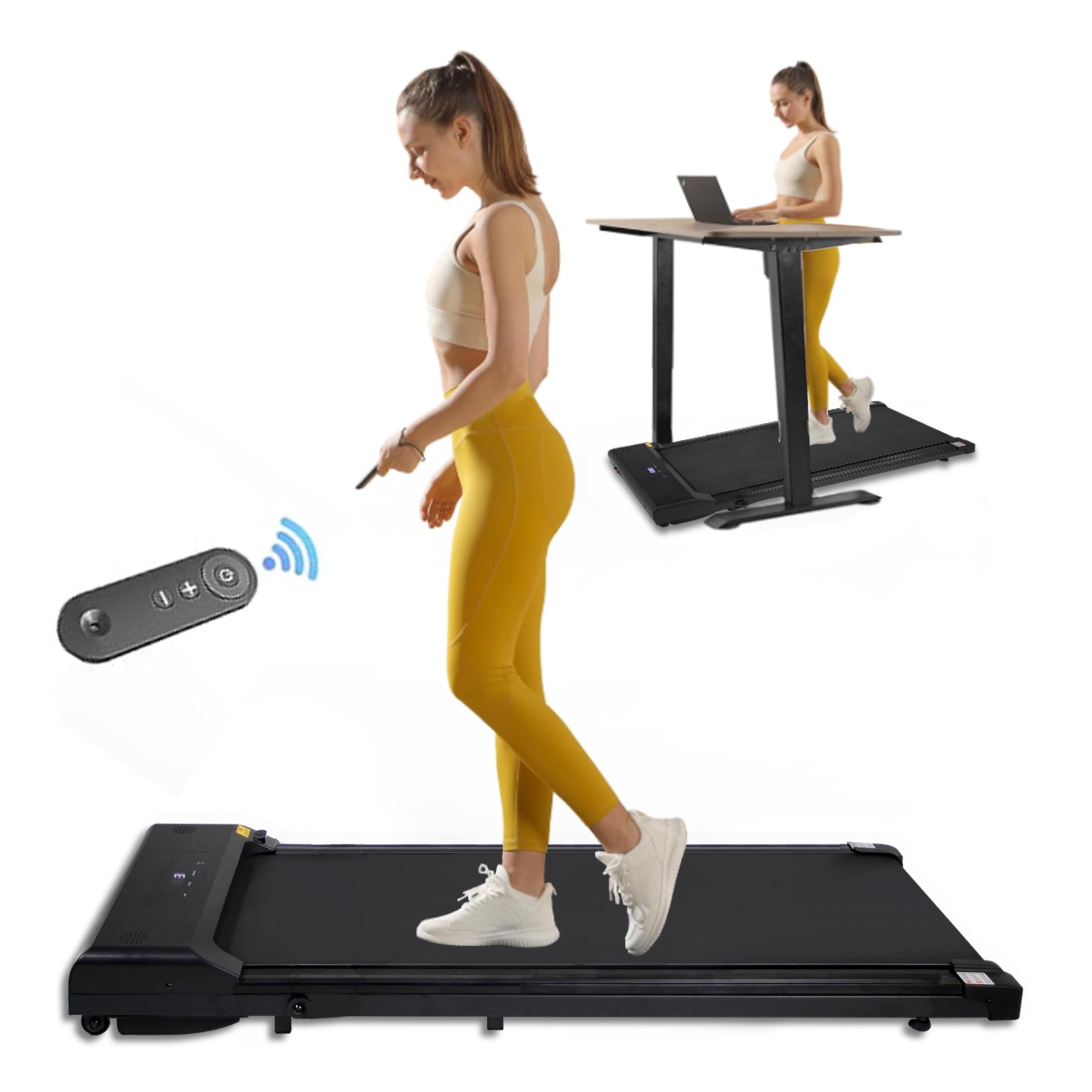 Portable treadmill with remote control, a 240 pound walking and jogging machine, and a black capacity