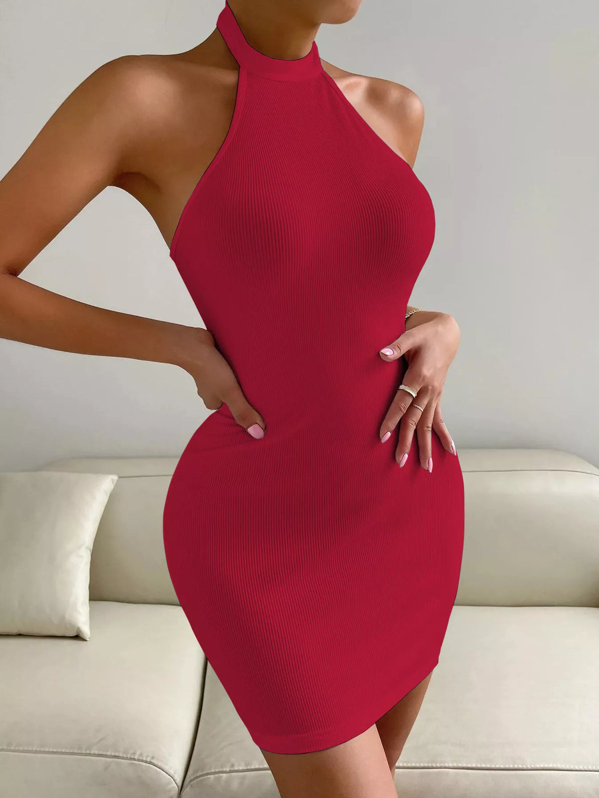 Halter neck bodycon mini dress, Red