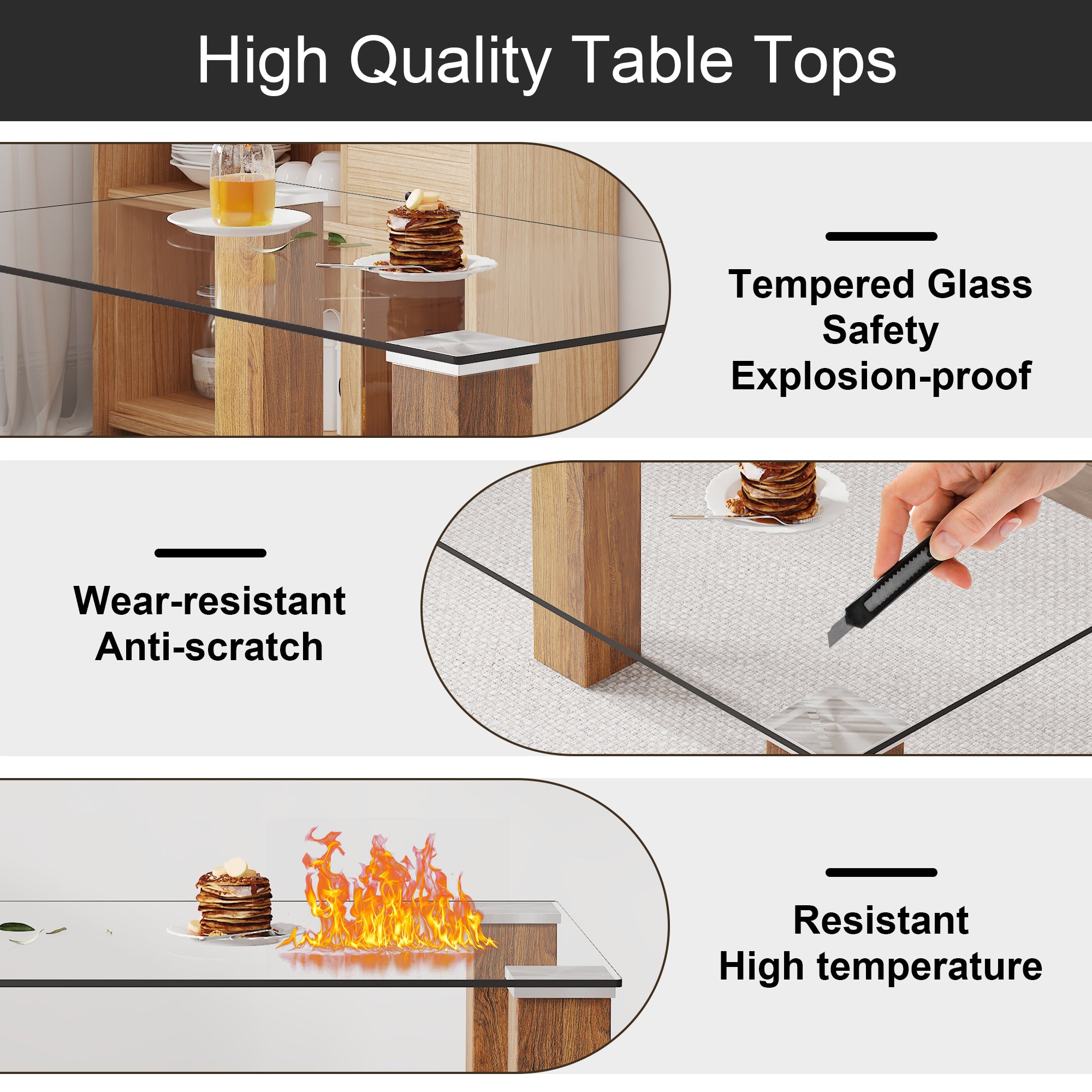 Modern minimalist rectangular dining table Glass desktop and wooden MDF table legs