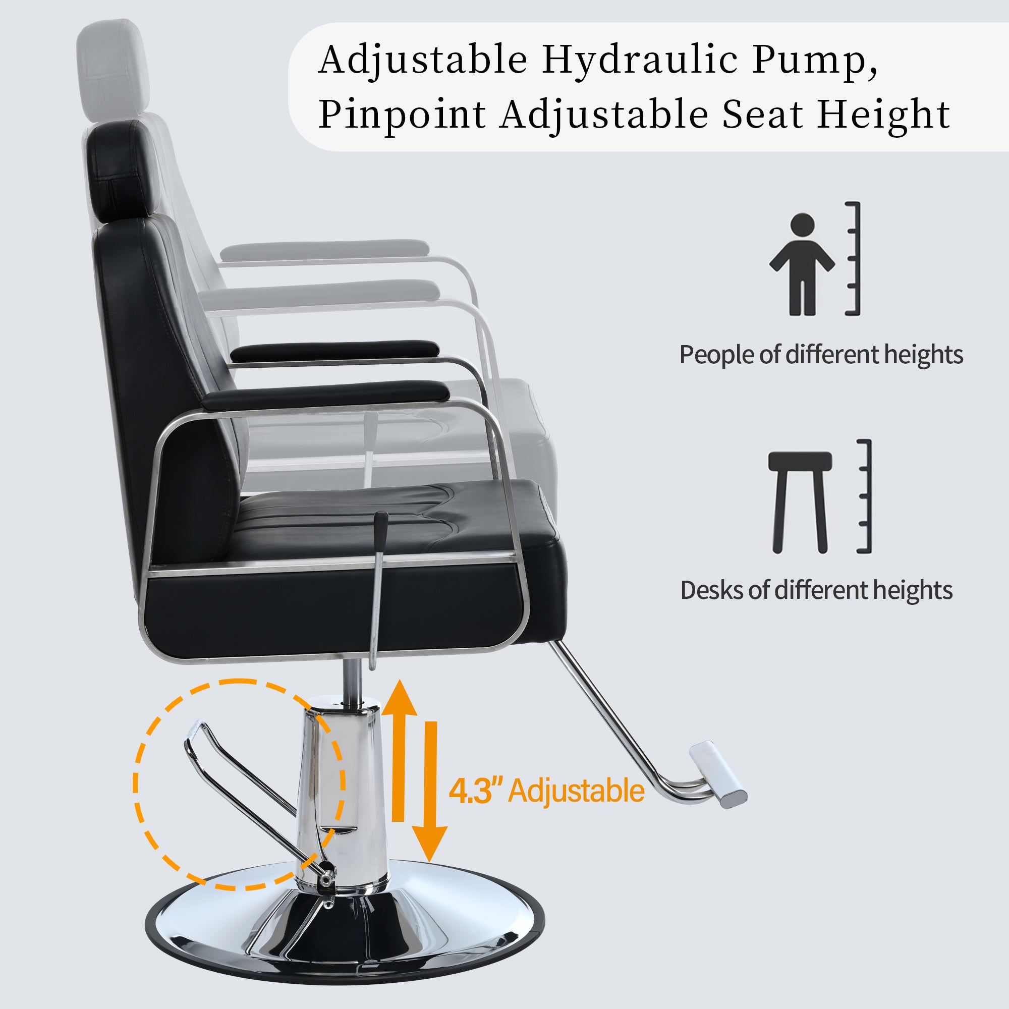 Advanced reclining hair salon chair with heavy-duty hydraulic pump, 360 ° rotation, maximum weight capacity of 400 pounds, bla