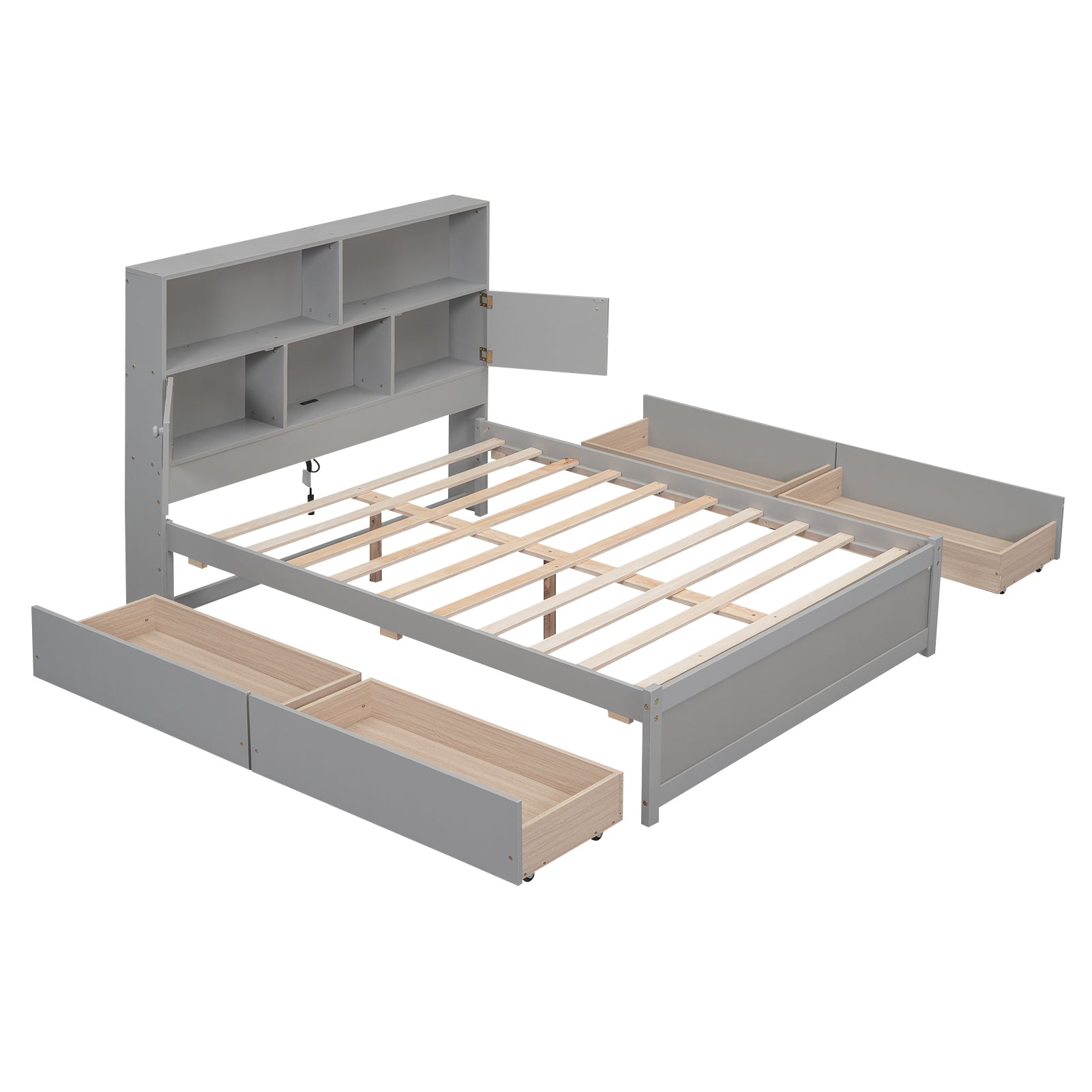 Full Size Platform Bed with Storage Headboard, Charging Station and 4 Drawers, Gray