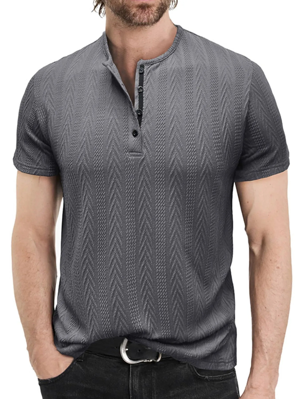 Textured chevron pattern henley polo shirt, Gray