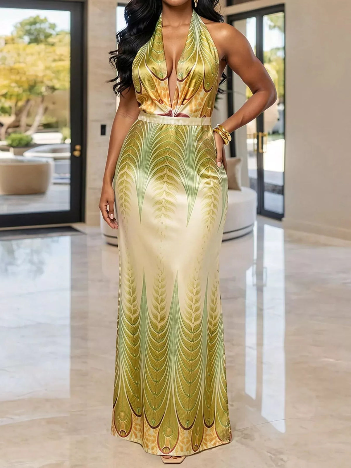 Leaf-print halter maxi dress – yellow-green