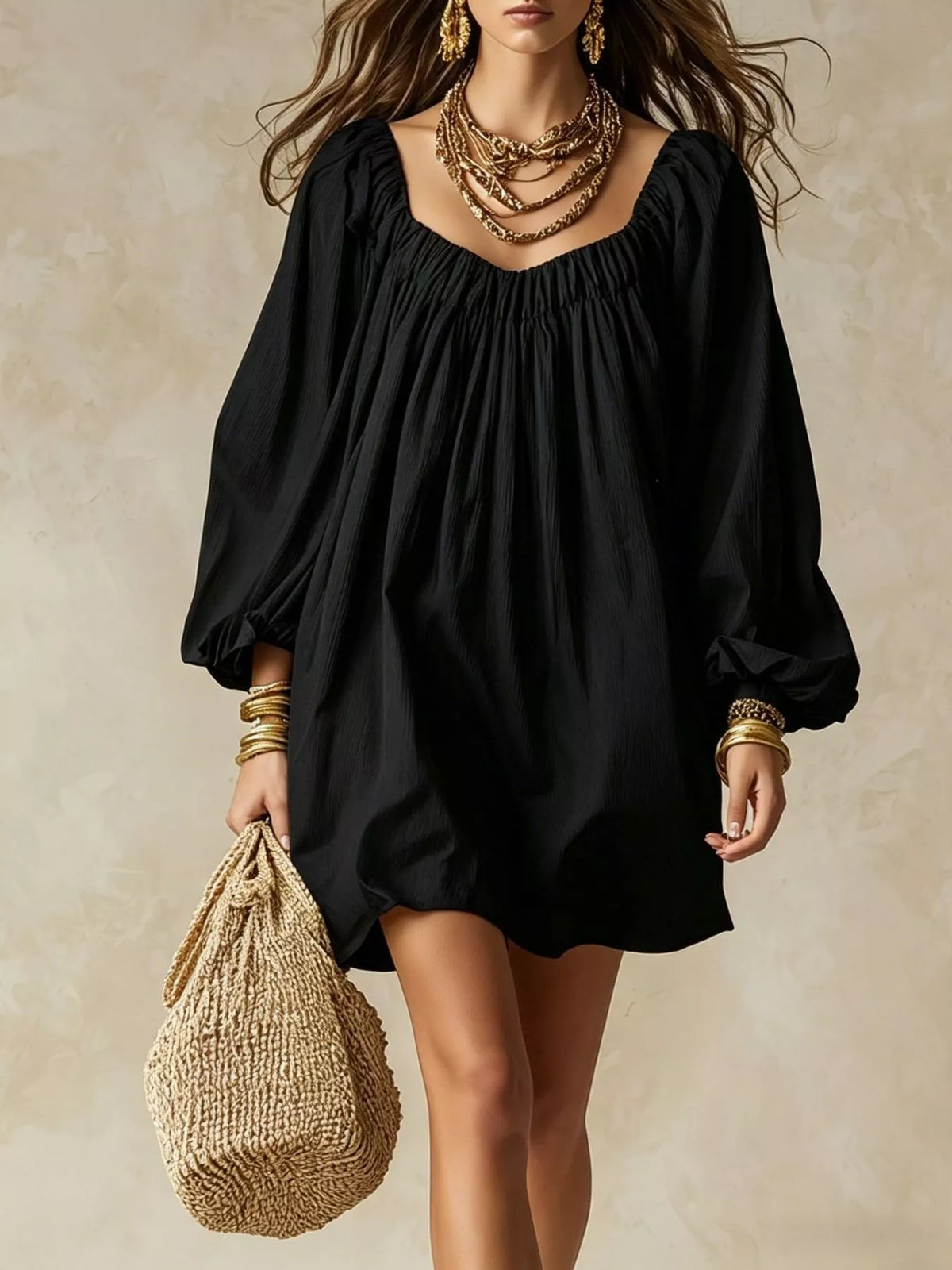 Balloon-sleeve mini dress – black