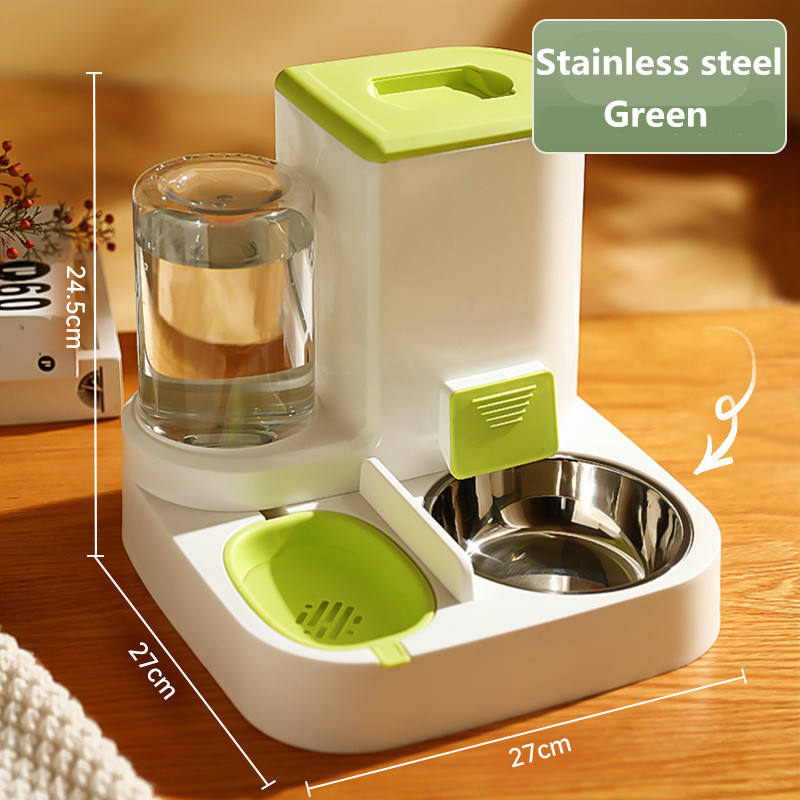 Automatic pet feeder, steel bowls – stainless steel green