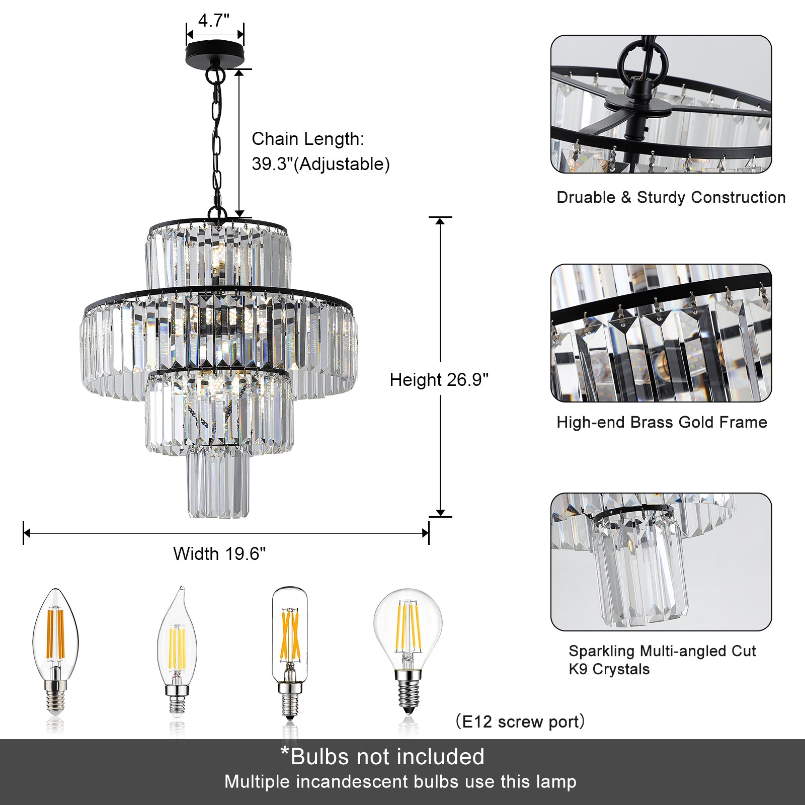 Black  Luxury Crystal Chandelier Modern Chandeliers Lights Fixture Hanging  Pendant Light Fixture for Dining Room Bedroom