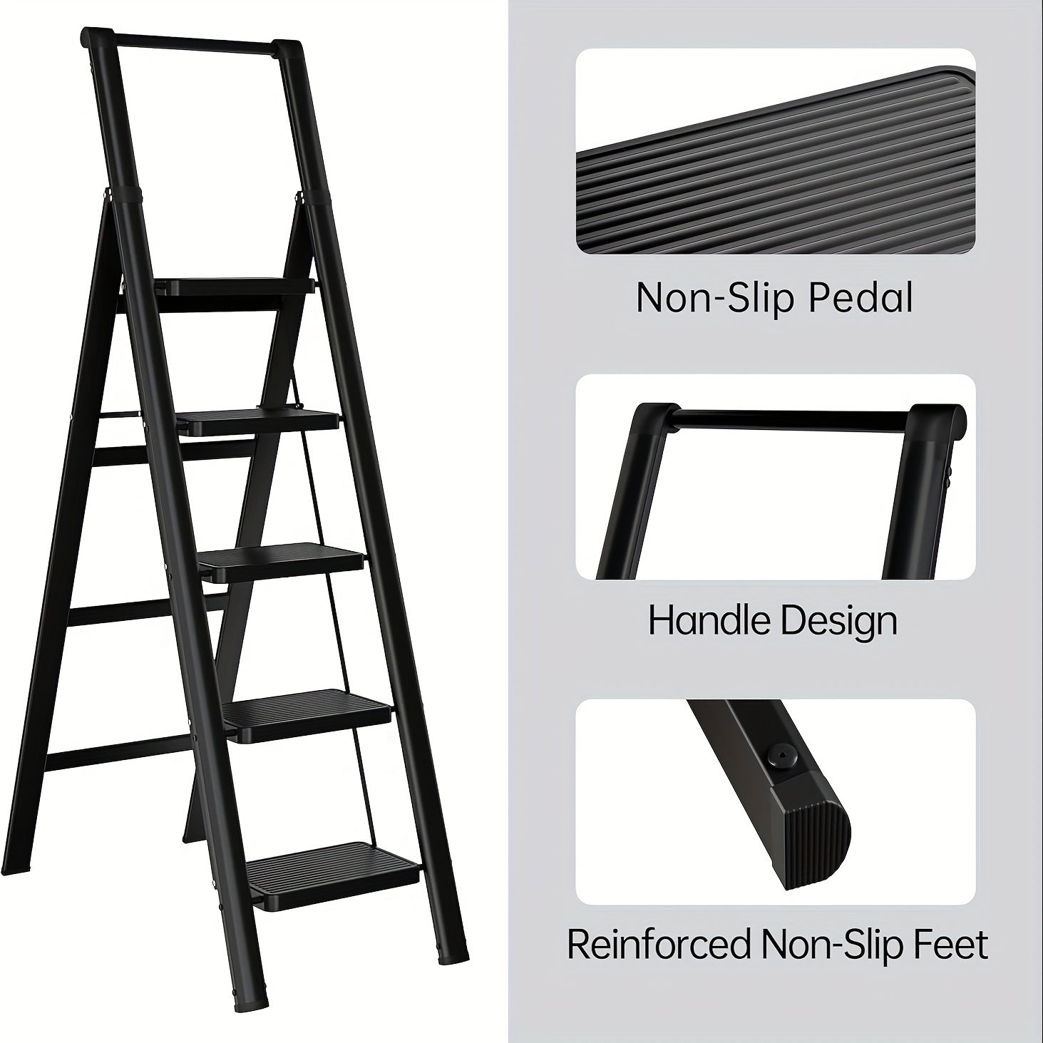 5-step ladder folding stool with anti slip wide pedals, lightweight and easy to carry handle folding ladder