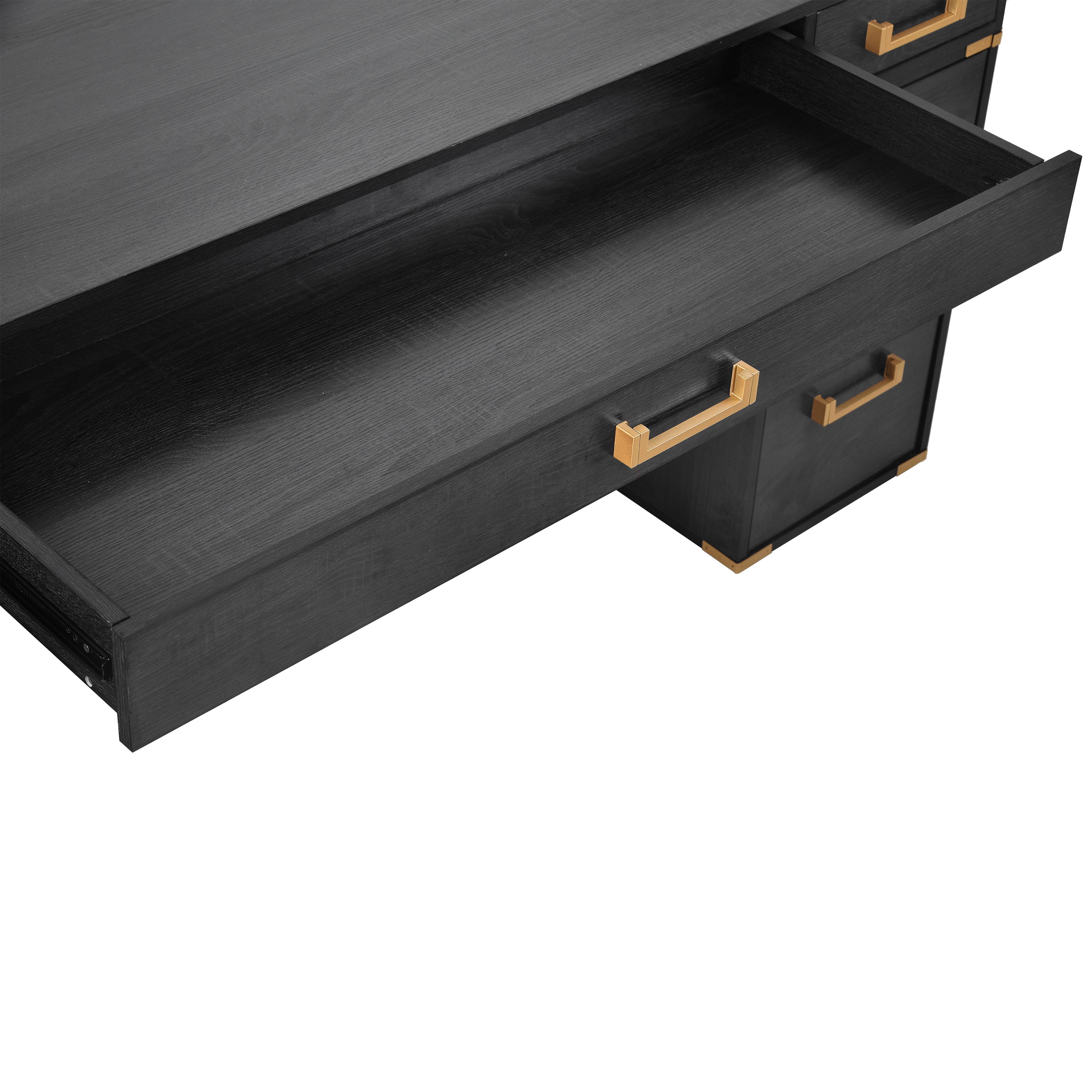 70 inch classic and traditional executive desk with metal trim, writing desk with 2 file drawers, USB ports, and sockets, black