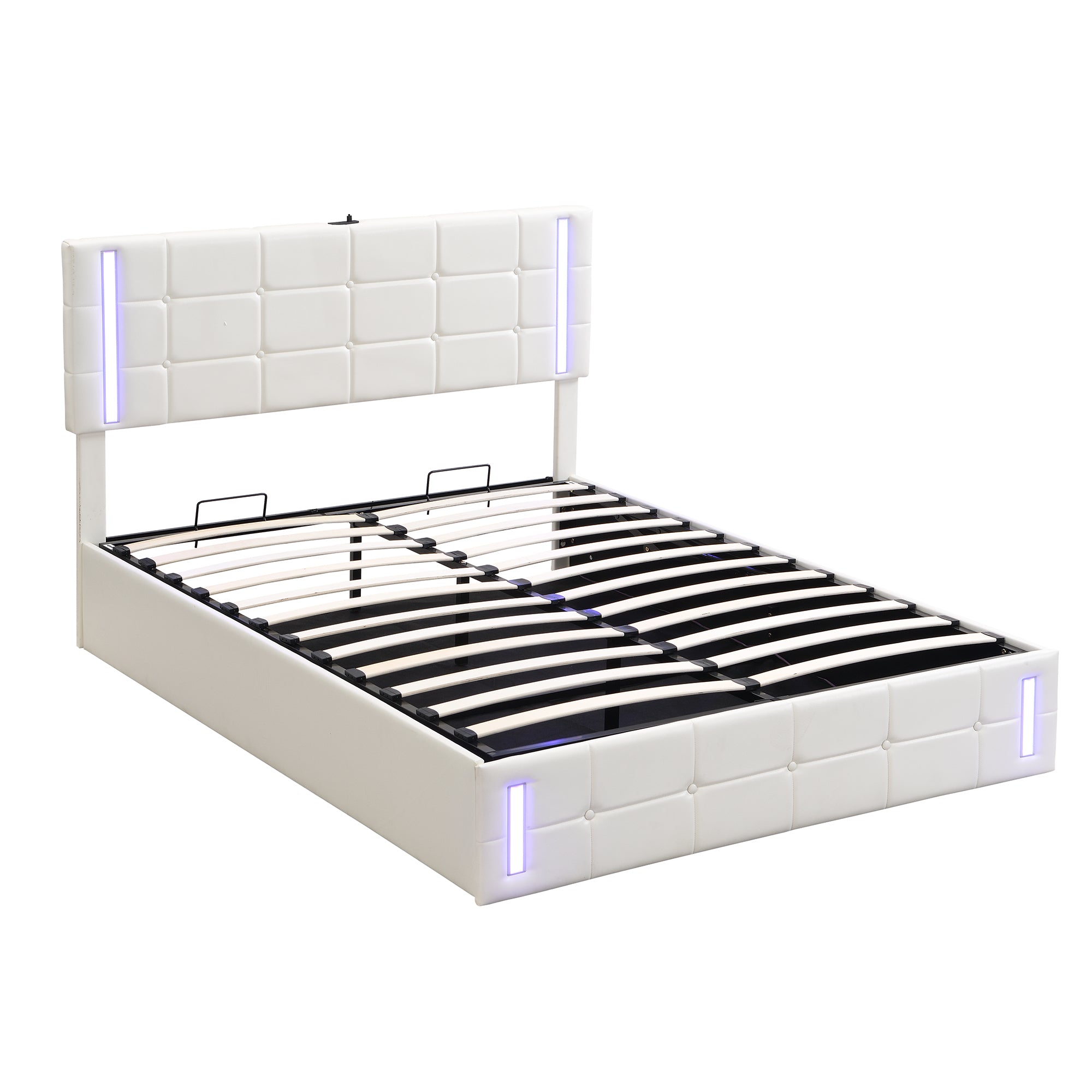 Full Size Upholstered Bed with LED Lights,Hydraulic Storage System and USB Charging Station,White