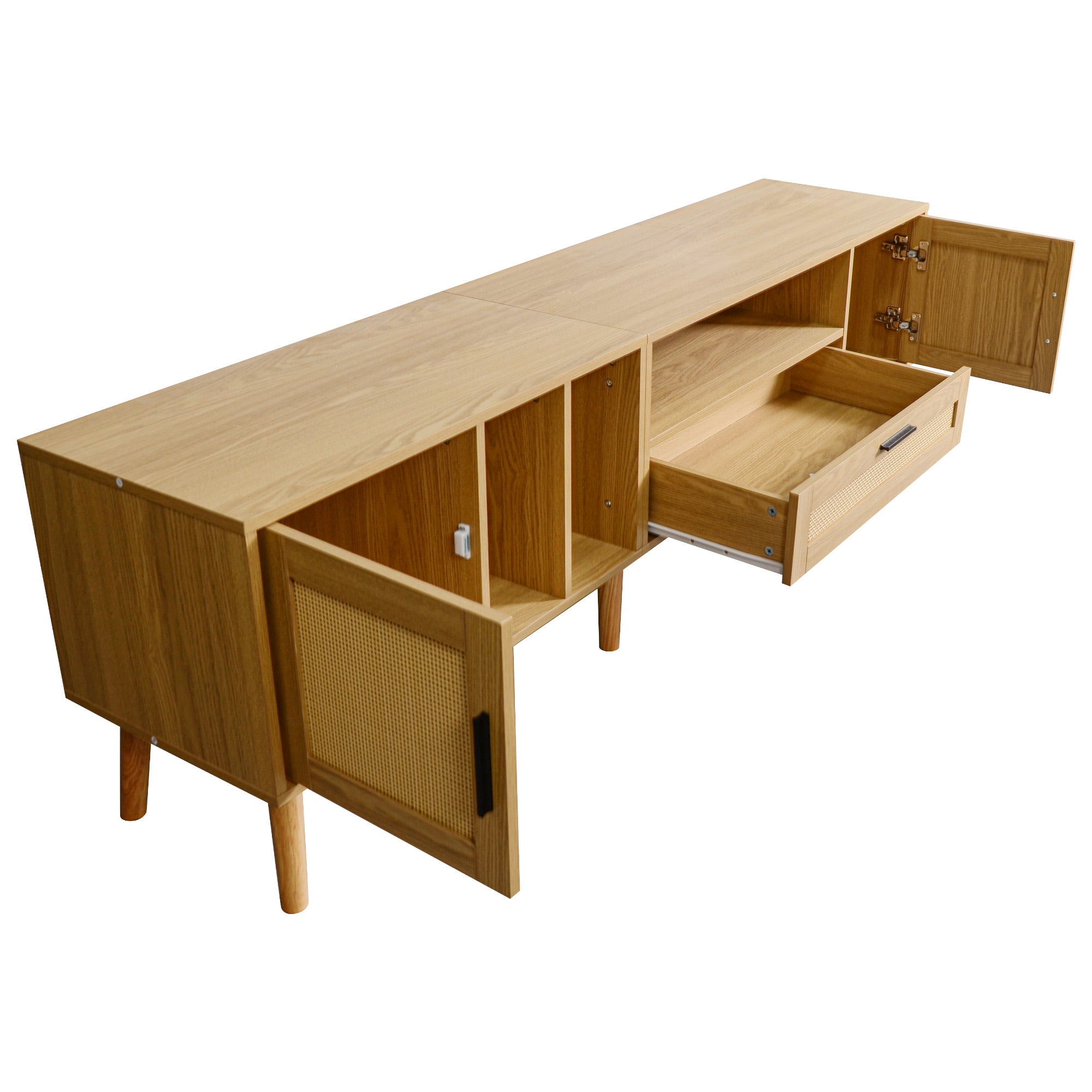 Vine TV stand with 2 cabinets and 2 open shelves, suitable for TVs under 80 inches, with solid wood legs for TV cabinets