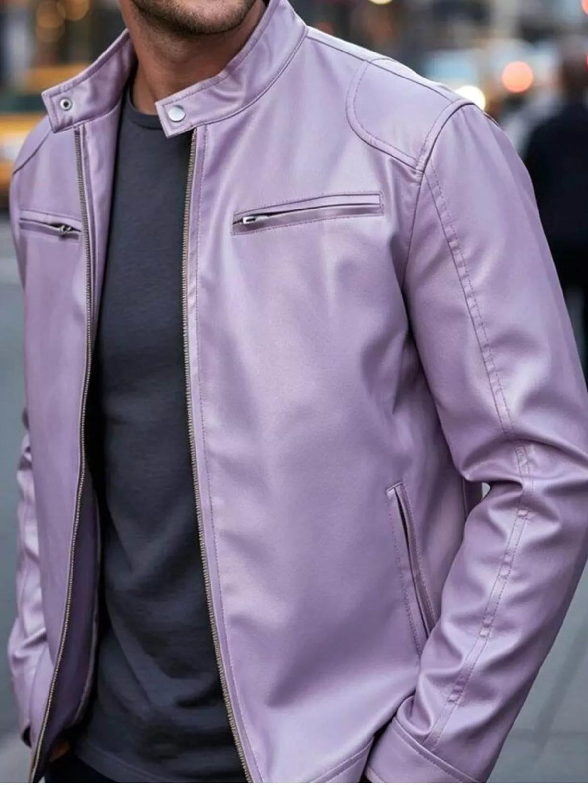 Faux leather bomber jacket with zipper pockets, Purple