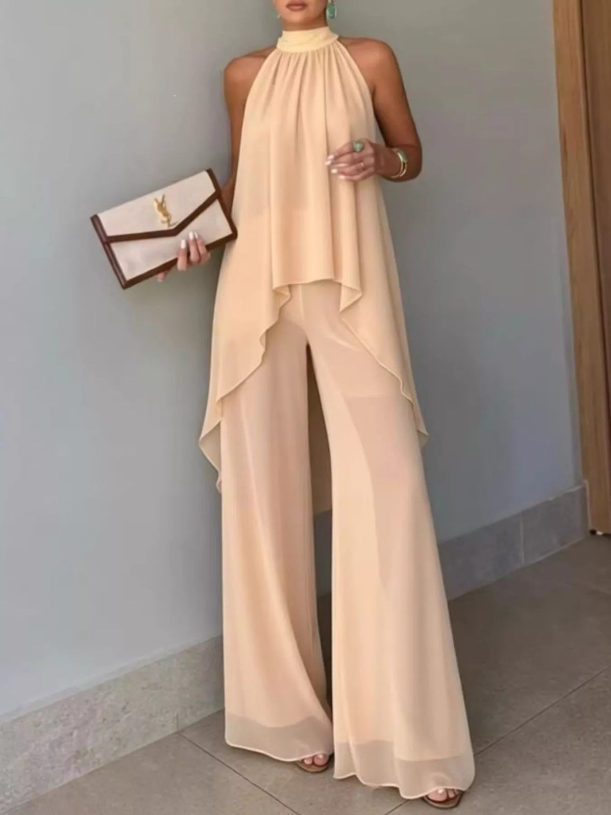 High-low sleeveless top and wide-leg pants two-piece set, Tan