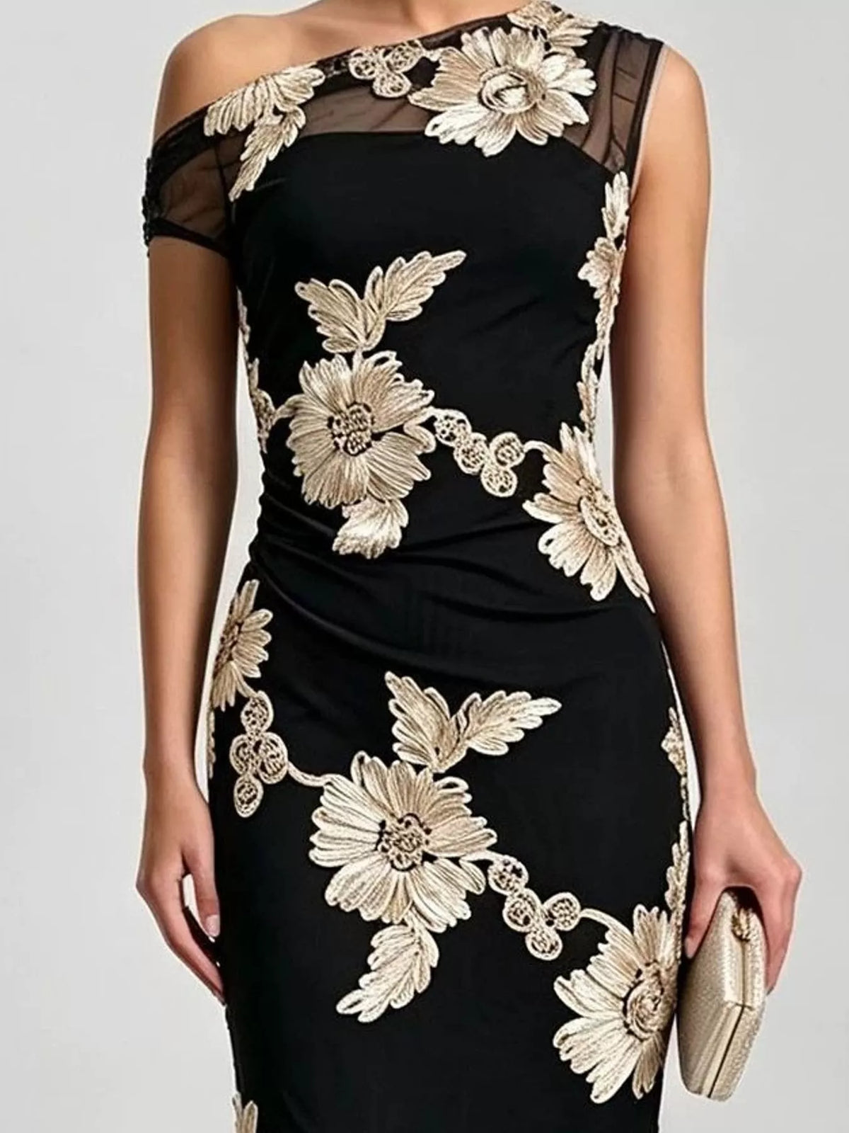 One-shoulder floral embroidered maxi dress