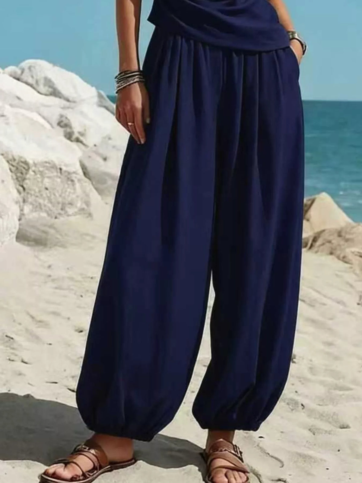 One-shoulder sleeveless top and harem pants set