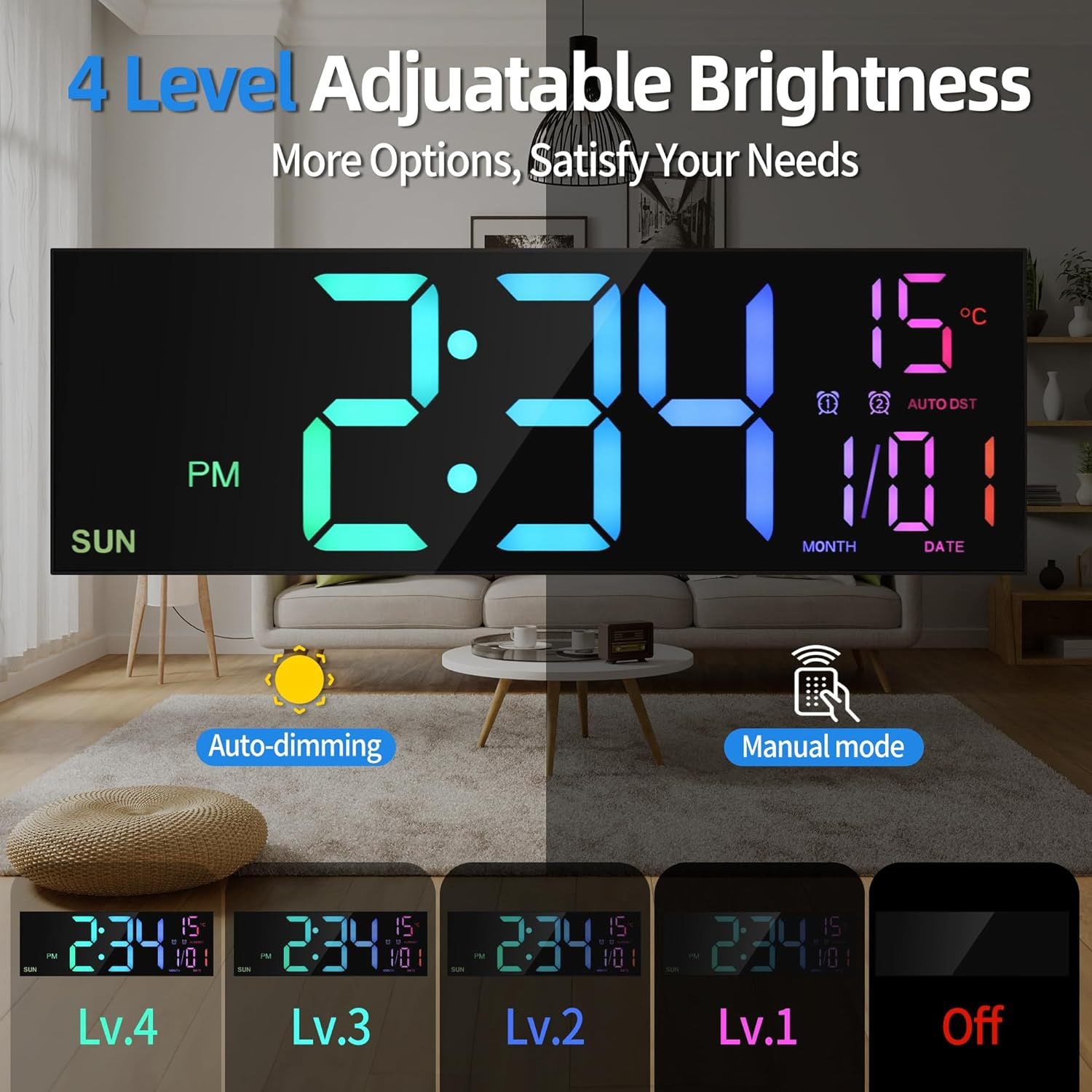 Large Digital Wall Clock with Remote Control Big LED/Dual Alarm/8 RGB Colors Digital Alarm Clock Electronic Watch