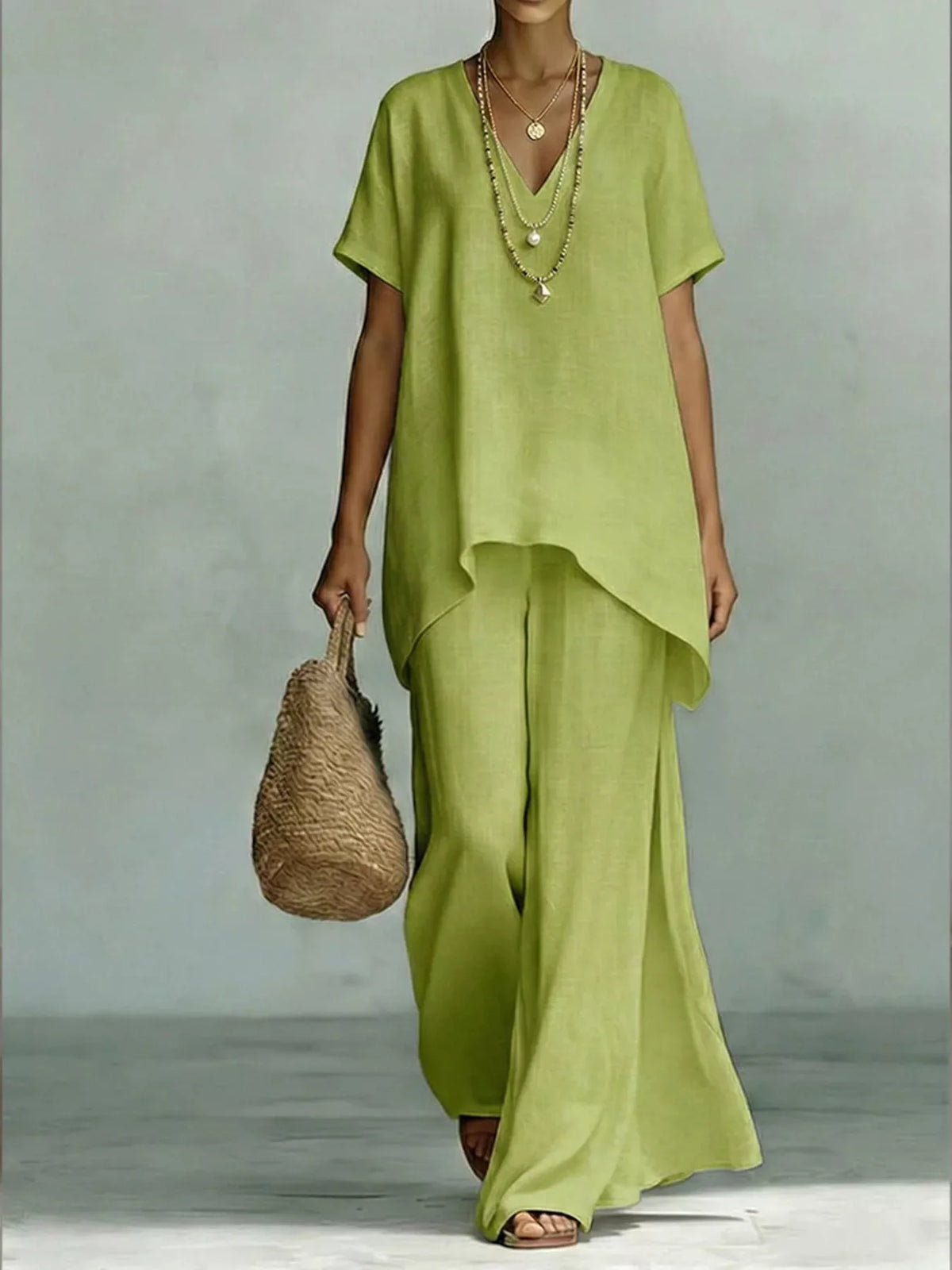 V-neck wide-leg pants set – yellow green