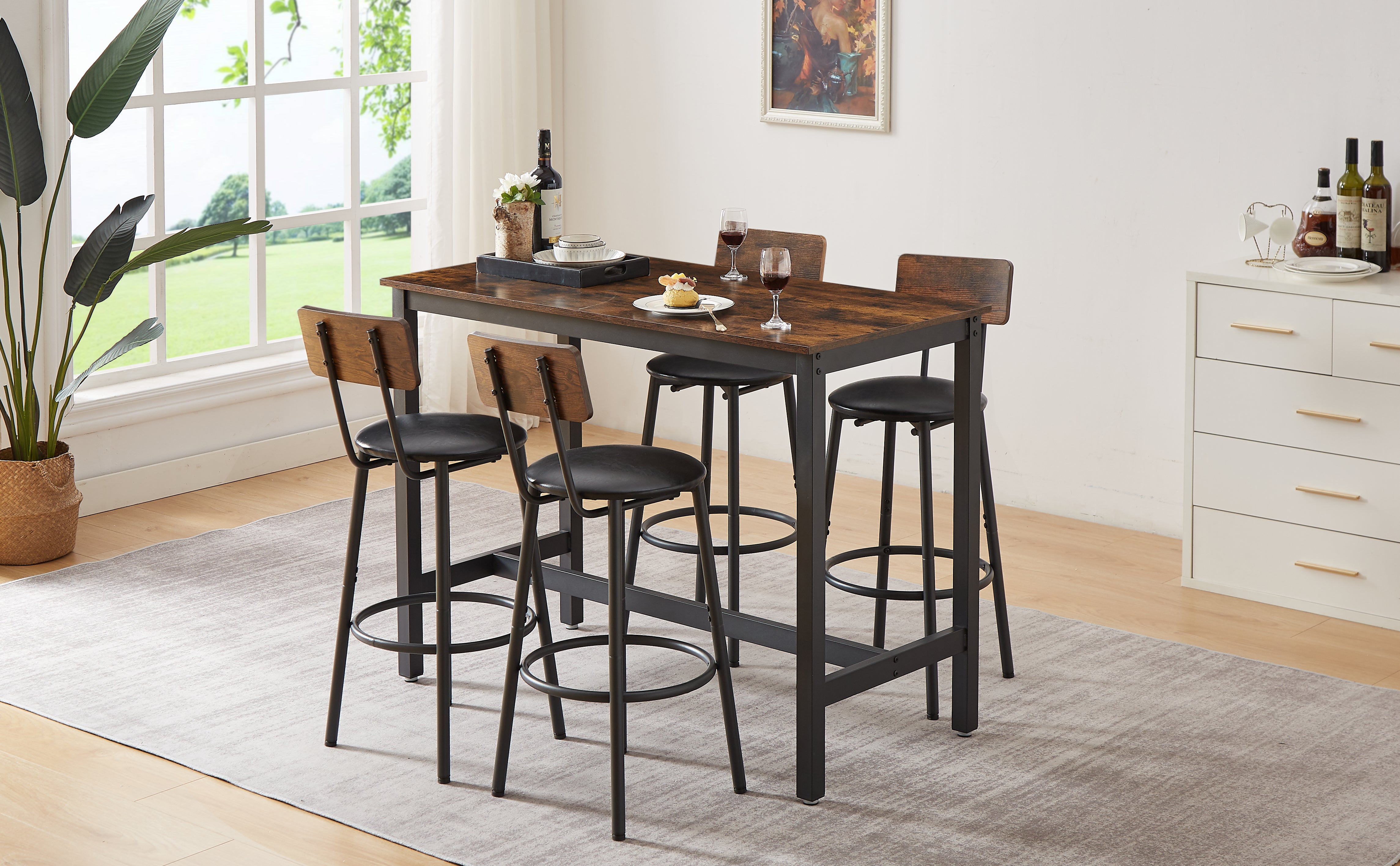 Bar Table Set with 4 Bar stools PU Soft seat with backrest Rustic Brown 47.24'' L x 23.62'' W x 35.43'' H