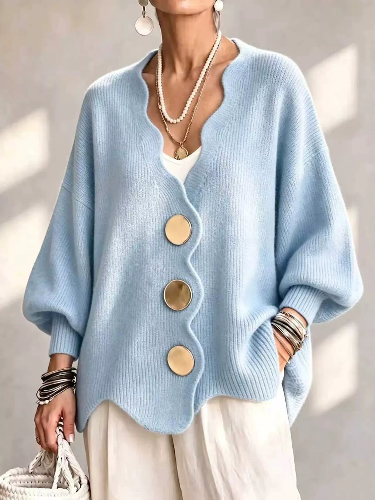 Scalloped-edge oversized button-down cardigan, Sky Blue