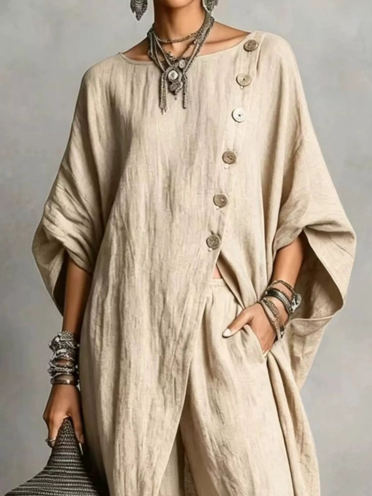Asymmetric button-down top and wide-leg pants set